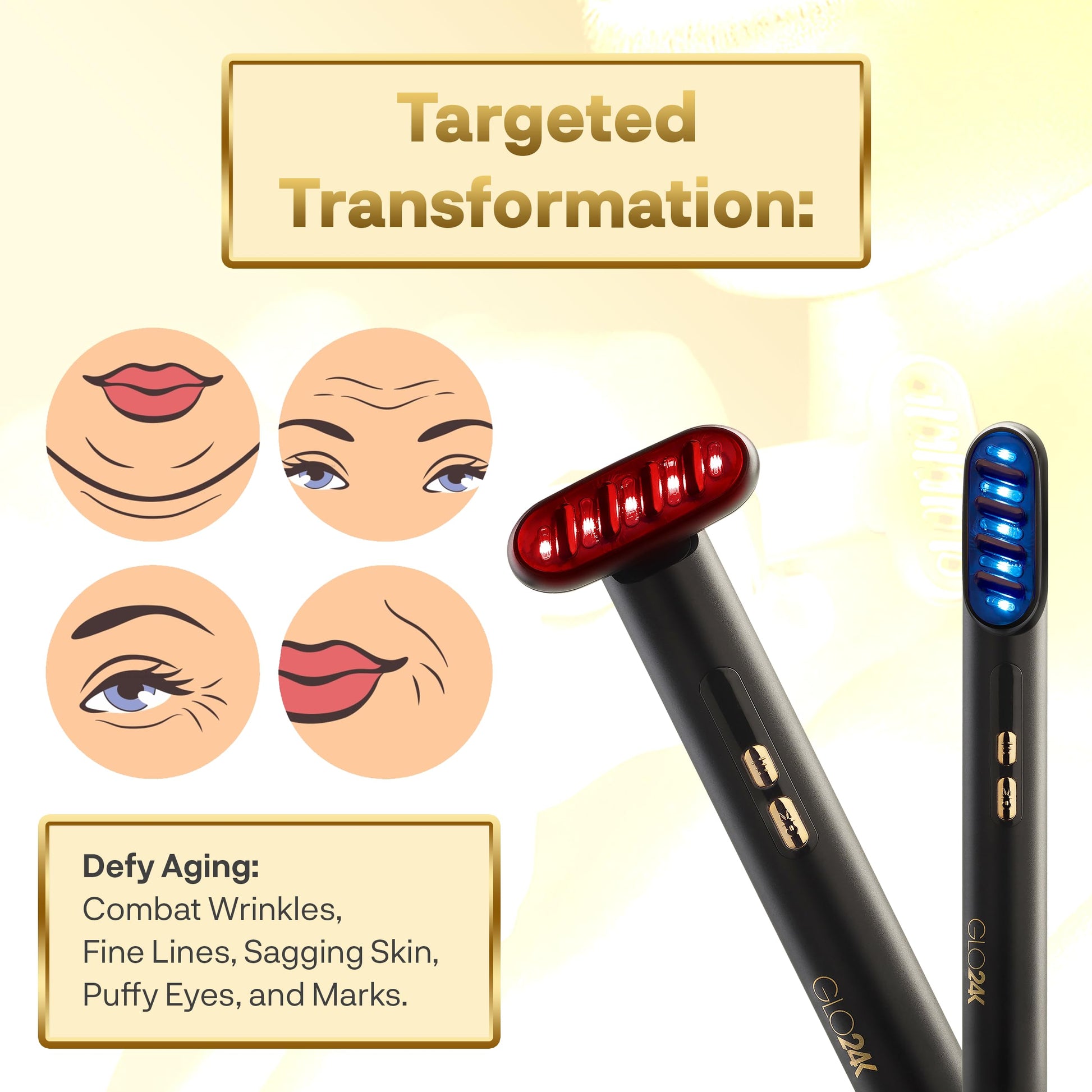 Varita de Terapia de Belleza GLO24K Dorada 6 en 1 con Luz LED, Térmica, Vibración y Microcorriente para Rostro, Ojos y Cuello