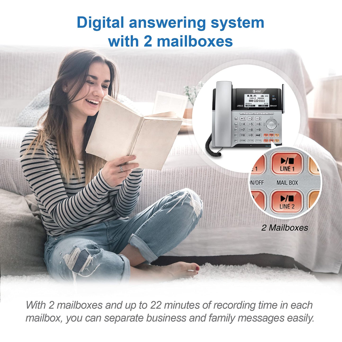 AT&T TL86103 DECT 6.0 Connect to Cell 2 Line Answering System with Caller ID/Call Waiting, 1 Corded & 1 Cordless Handset, Silver/Black