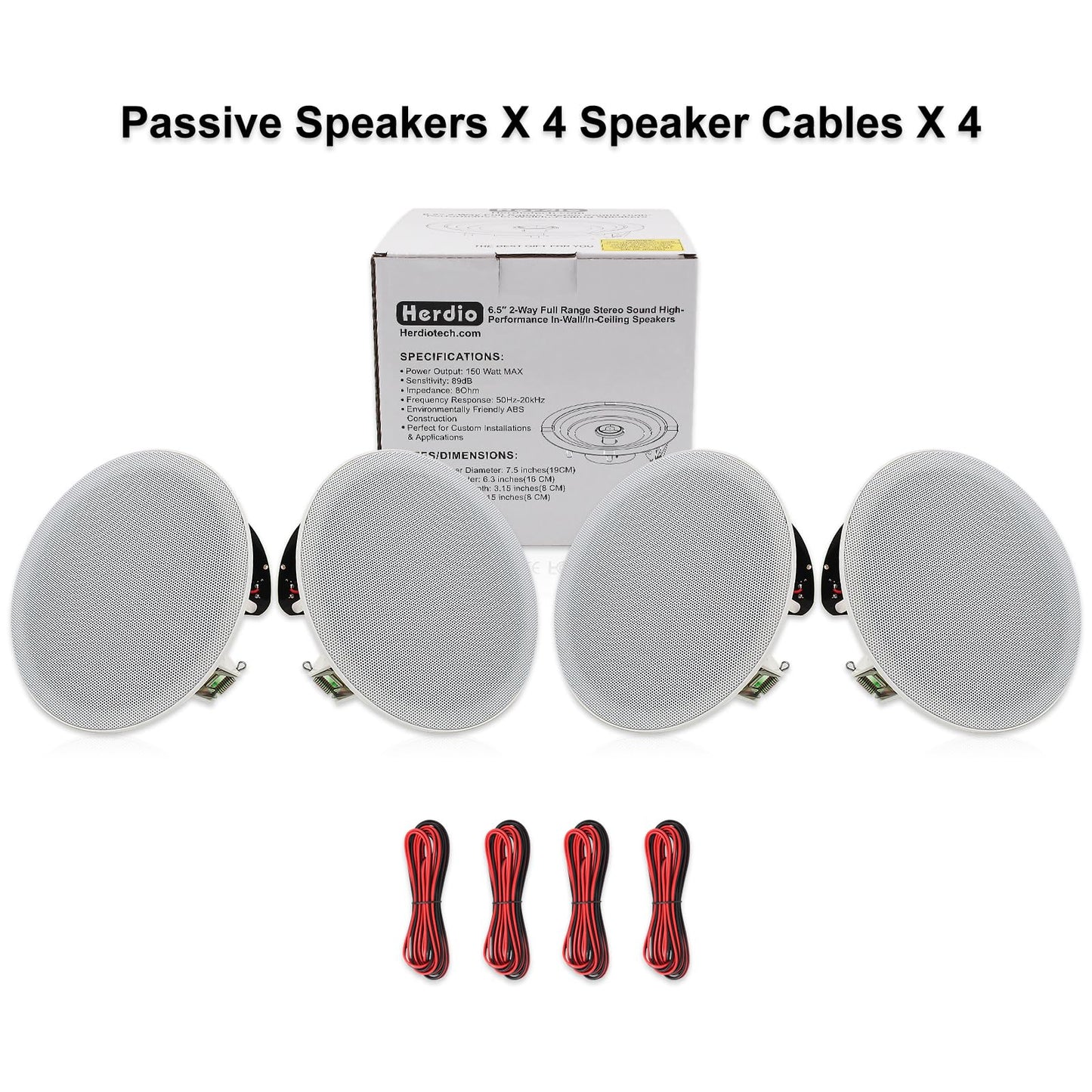 Herdio - Altavoces de techo, 6.5 pulgadas, 600 vatios, montaje empotrado, pasivos, con cable, para baño, cocina, sala de estar, oficina (4 altavoces)