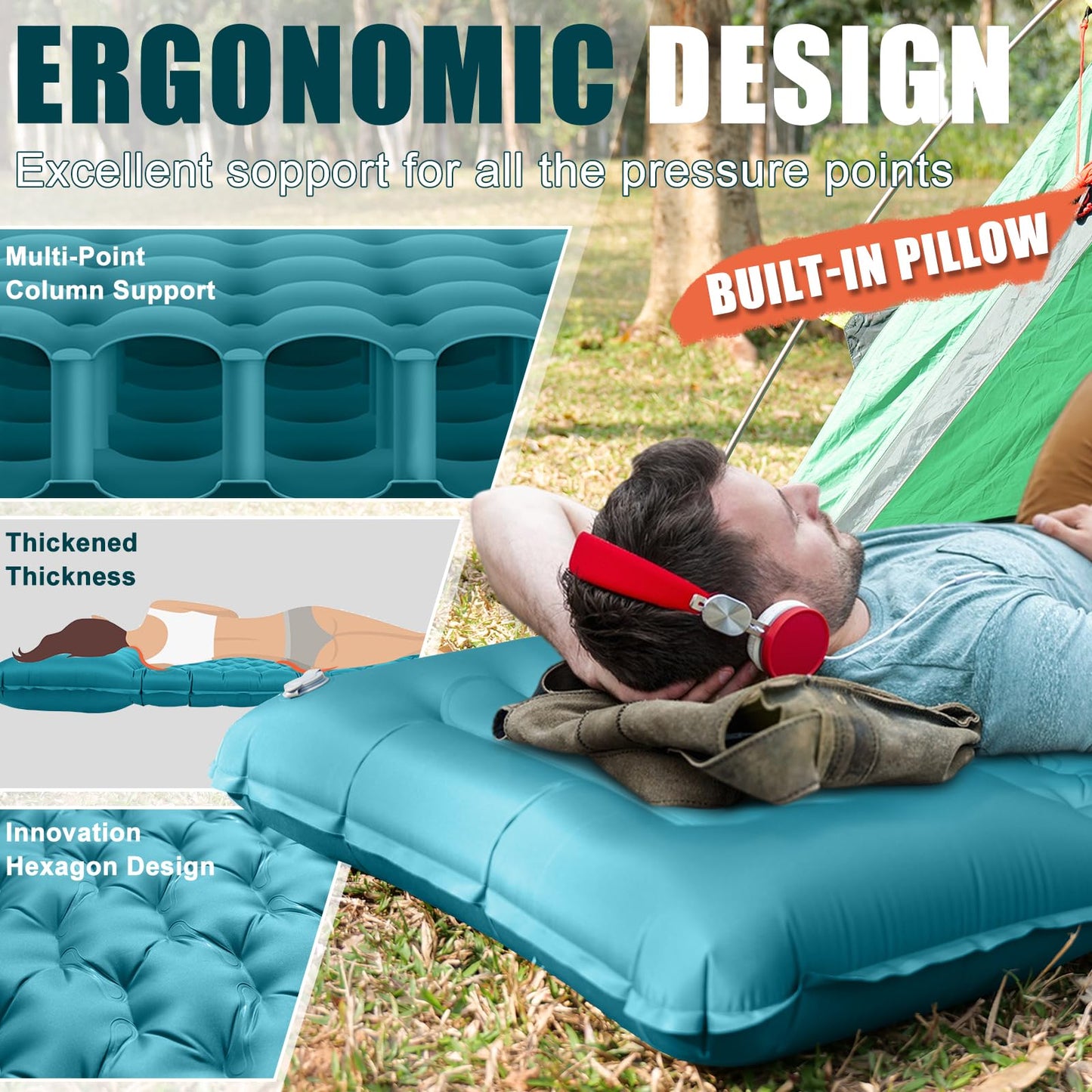 GDREAMT - Almohadilla de dormir inflable para acampar con almohada, grosor extra de 4 pulgadas con bomba integrada, colchón de aire compacto y ultraligero para mochileros, senderismo, tienda de