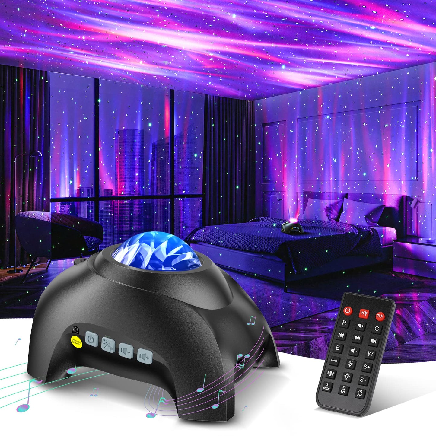 HODANS Northern Galaxy Light Aurora Proyector con 33 efectos de luz, luces nocturnas de estrella LED para recámara, lámpara de nebulosa, control remoto, ruidos blancos, altavoz Bluetooth para fiestas
