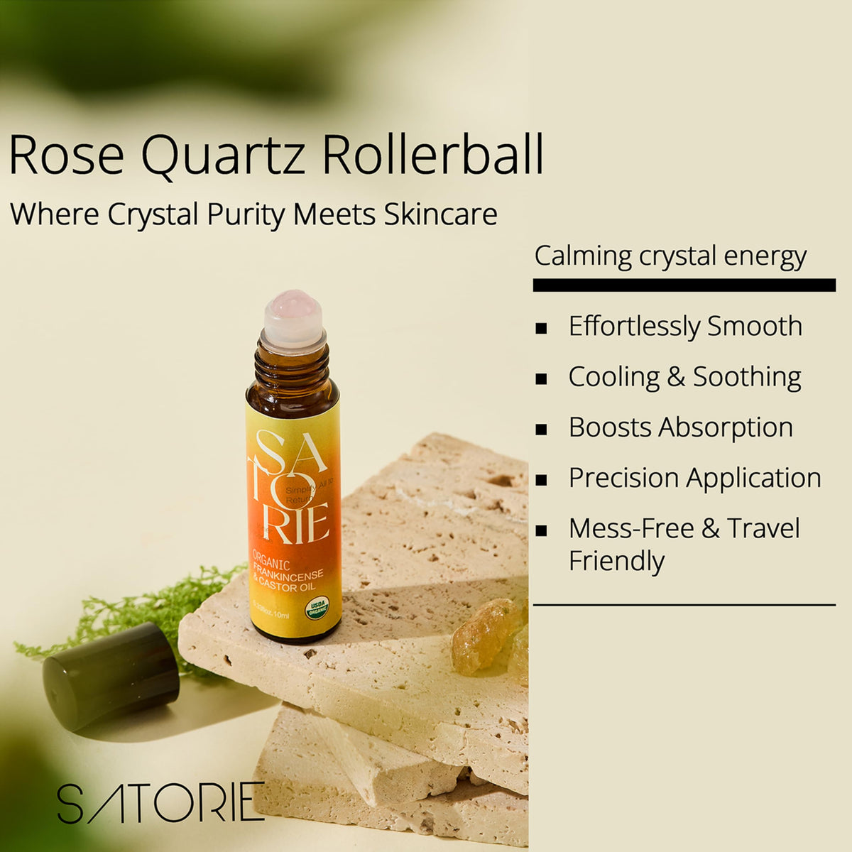 Satorie Aceite Orgánico De Ricino E Incienso Con Cuarzo Rosa En Roll-On - Mezcla De Aceites Esenciales Certificada Por El Usda, Roll-On Con Efecto Antiedad, Ideal Para Rostro, Contorno De Ojos,