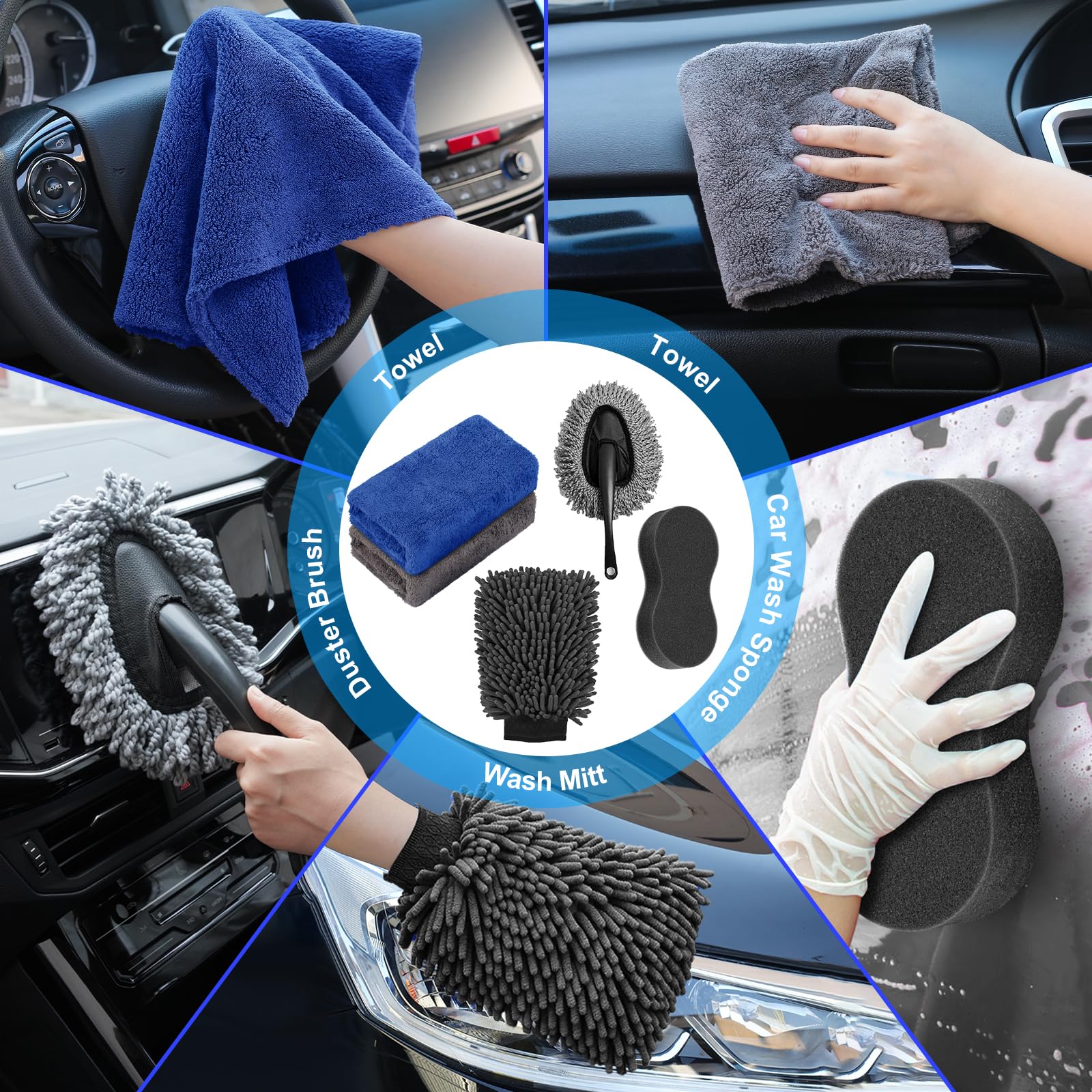 AUTODECO - Kit de limpieza de 40 piezas para lavado de coches con pistola de espuma, bolsa de lona negra, bolsa de lona negra, portátil de alta potencia, manopla, esponja, toallas, cepillo, raspador de ventanas, plumero, juego completo de detalles para in