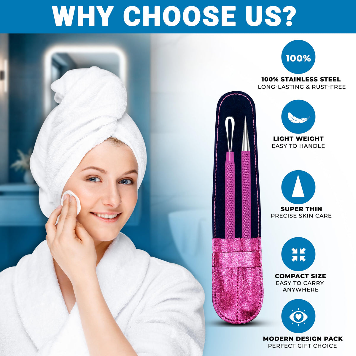 EFAH Care Extractor de espinillas de acero inoxidable para tratamiento del acné, manchas quirúrgicas, eliminador de puntos negros, perfecto para la cara y la nariz, fácil de limpiar, color rosa