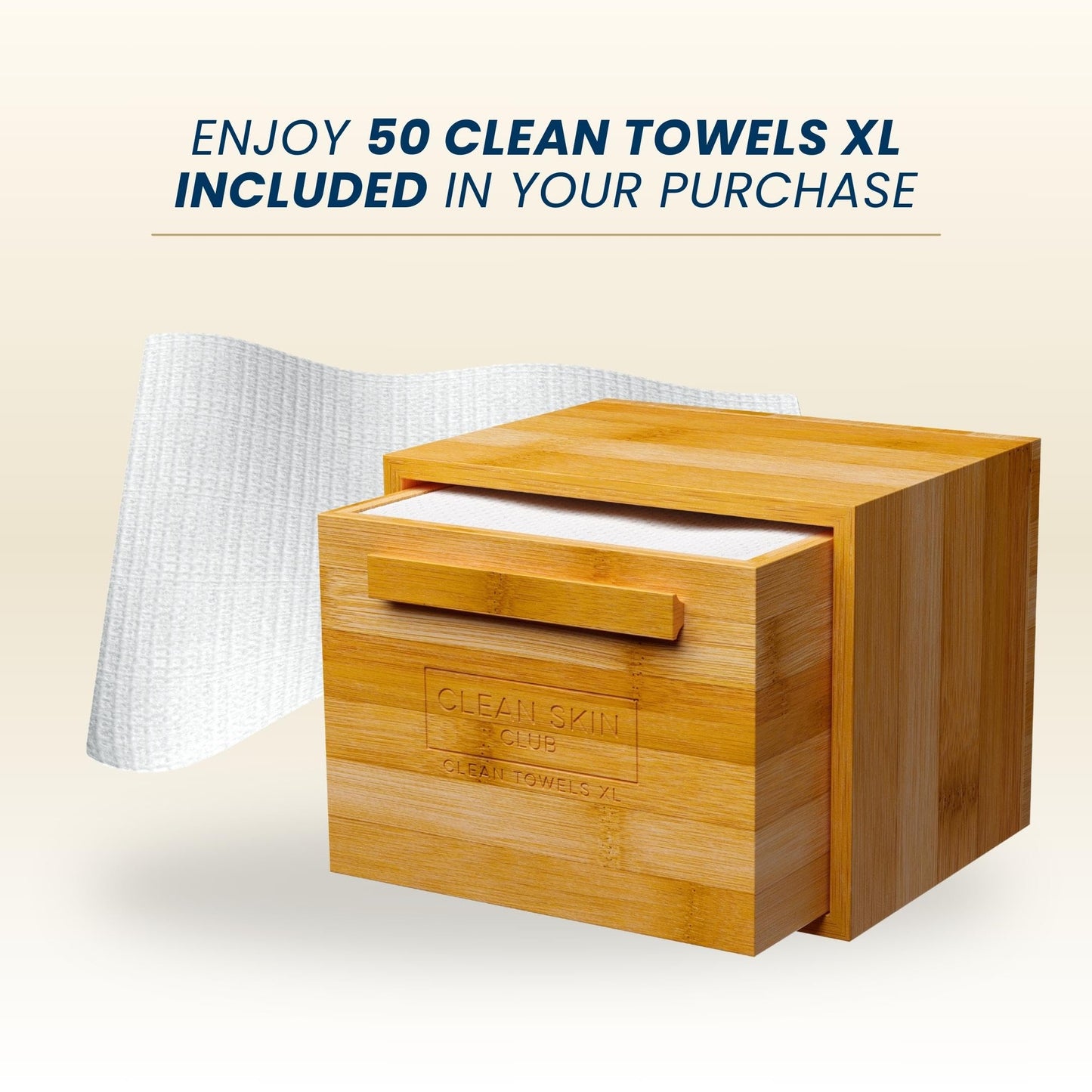 CLEAN SKIN CLUB Caja de Bambú Luxe con Cajón Y Toallas Xl, Toalla Facial, Toallitas Secas Desmaquillantes Desechables, Lavado Facial (Cajón Contenedor de Bambú) 50 Unidades (Paquete de 1)