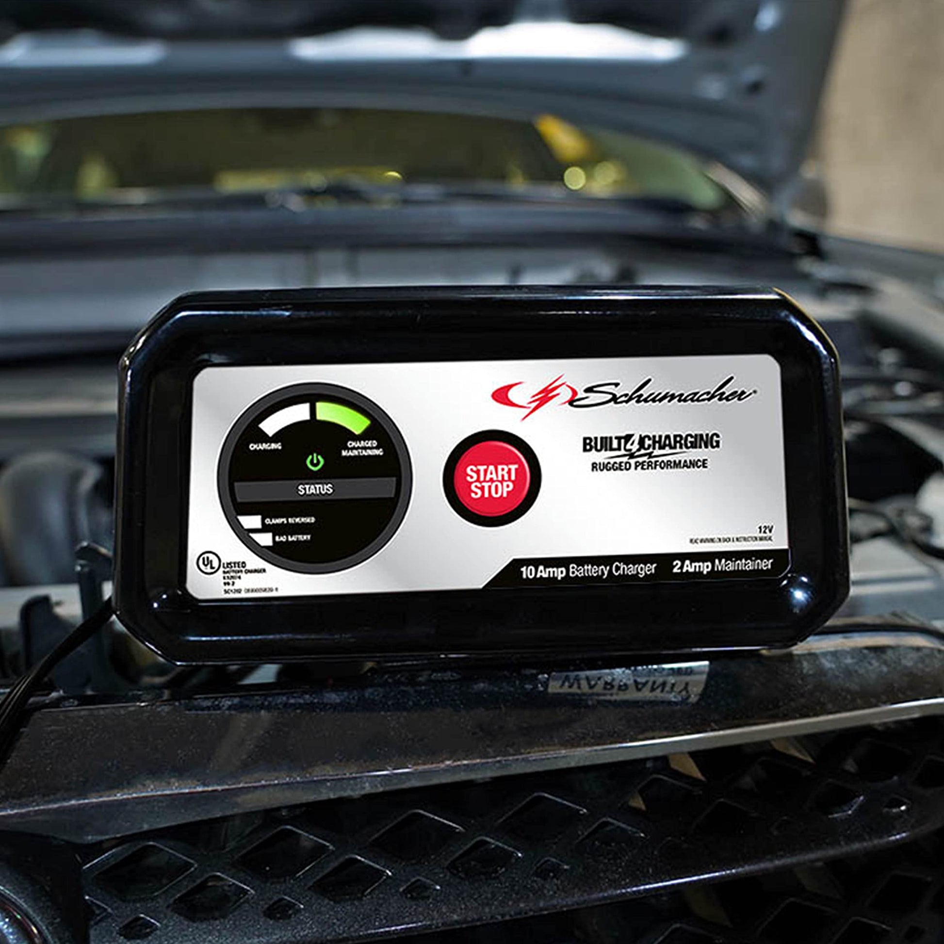 Schumacher Electric SC1282 Cargador de batería y mantenedor completamente automático para motocicletas, deportes de potencia, tractores de césped, coches, SUV y barcos, 10 amperios, 12 voltios, negro,