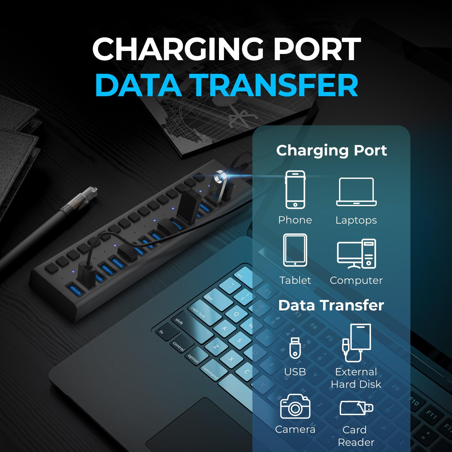 Hub USB 3.0 de 16 Puertos Sabrent Negro con Cargador y Interruptores Individuales
