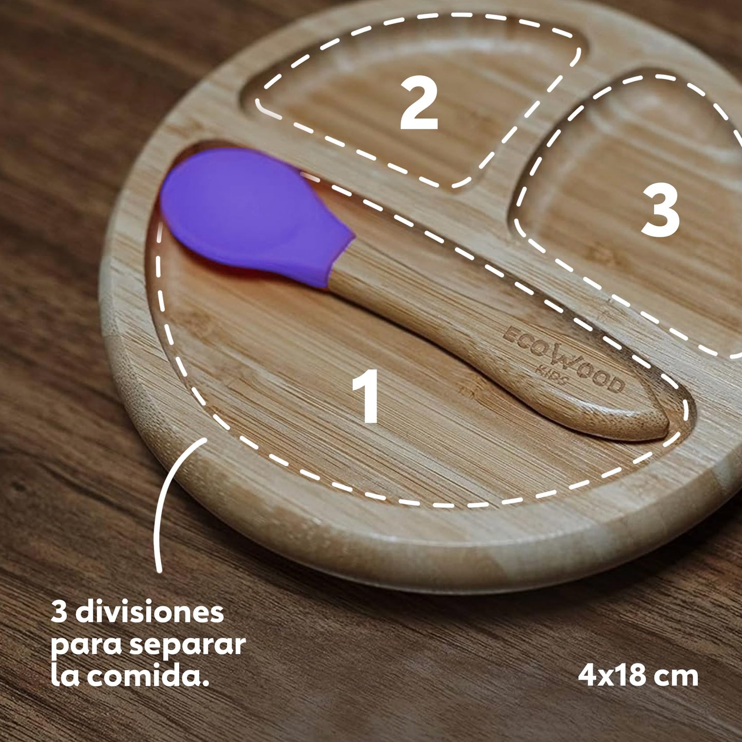 Ecowood® Plato Extendido de Bambú con Divisiones para Bebe y Niño - Con Base de Silicona Succión Adherente y Antiderrapante (Morado)