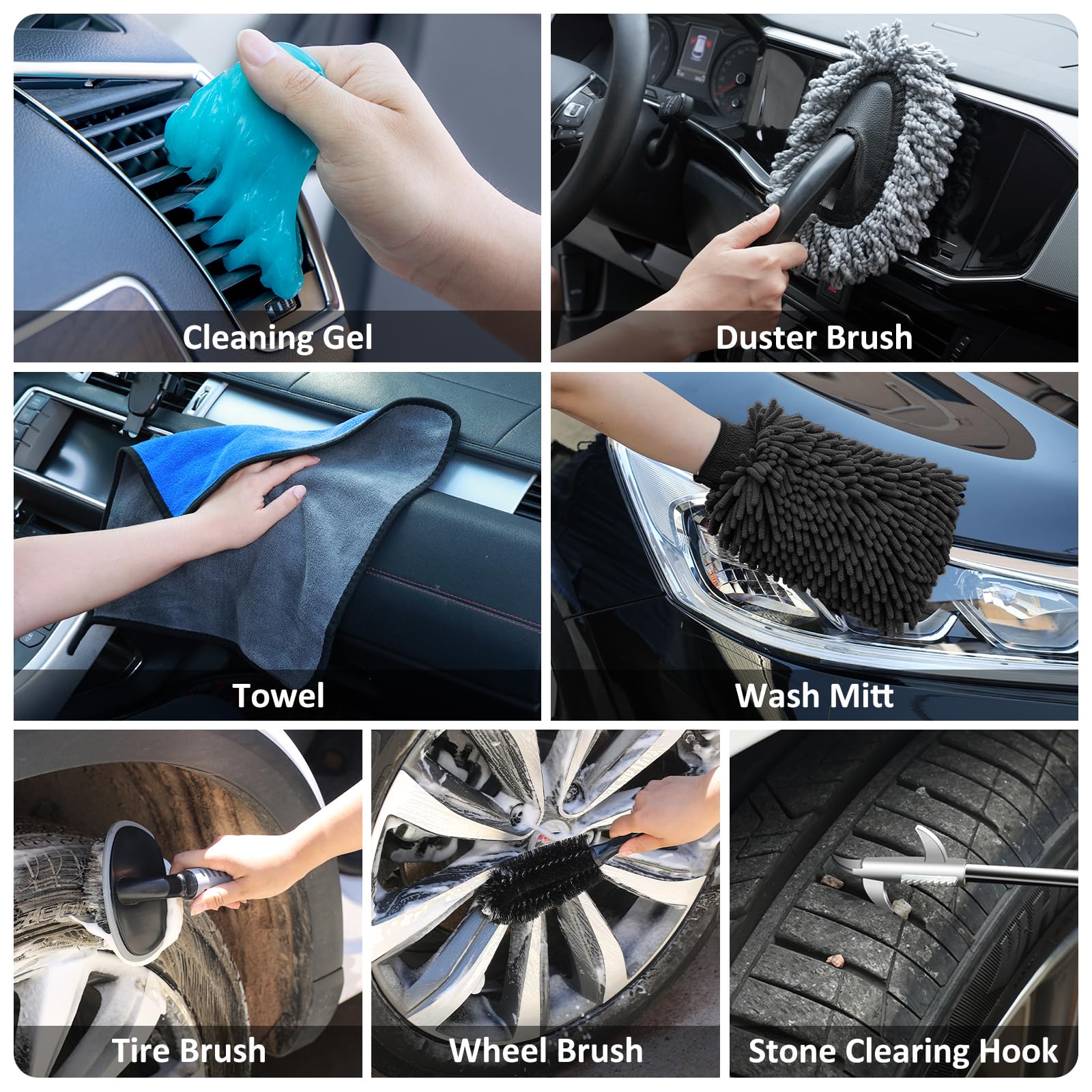 AUTODECO - Juego de limpieza para el lavado de coches con pulverizador de espuma, trapeador con mango largo, cubeta plegable, manopla grande, toallas, 44 piezas, negro