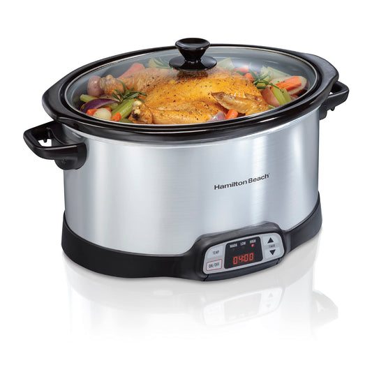Hamilton Beach 33480 Olla lenta programable con tres ajustes de temperatura, 8 cuartos de galón, plata