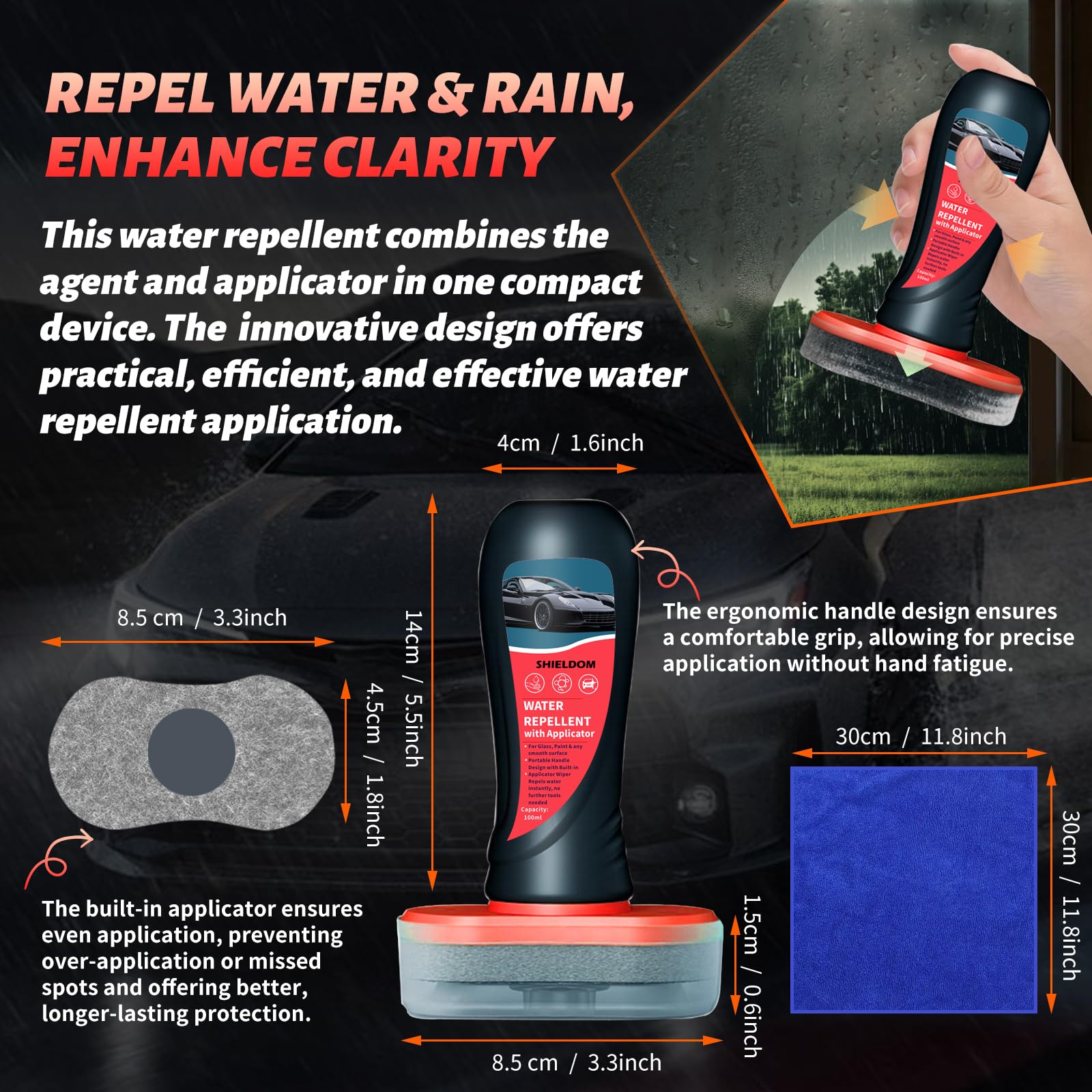 Líquido Hidrofóbico Shieldom Transparente con Aplicador de Fieltro para Ducha de Vidrio y Parabrisas