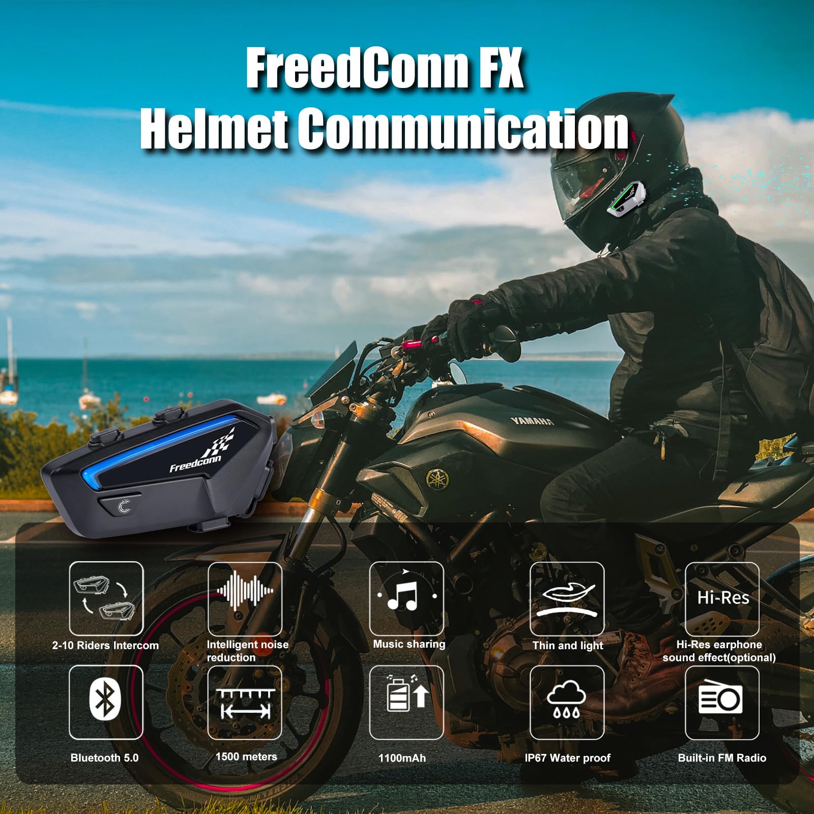 FreedConn - Juego de 2 auriculares Bluetooth para motocicleta con intercomunicador, IP67, impermeable, 1100 mAh (negro)