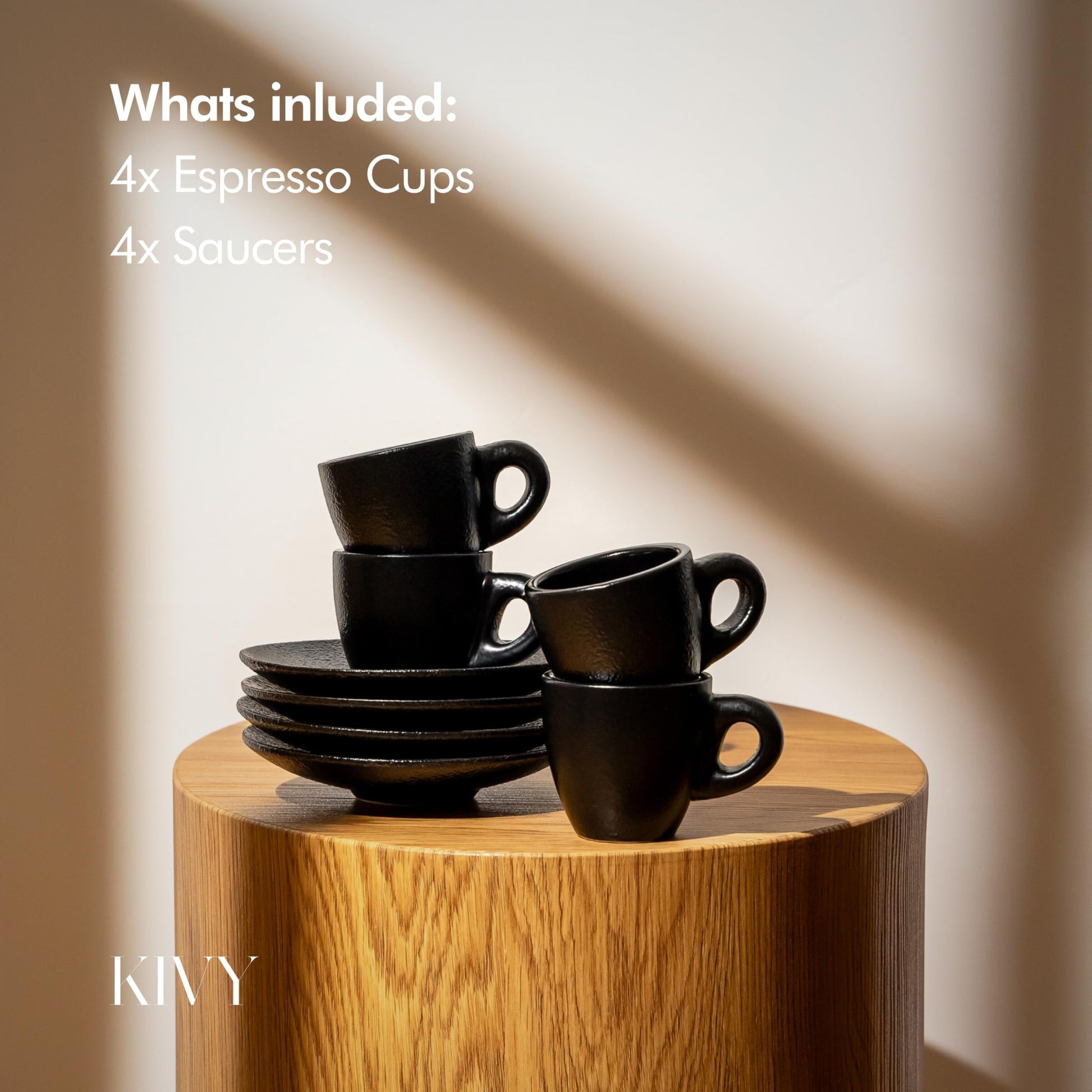 KIVY - Juego de 4 tazas de café expreso de 3 onzas, tazas y platillos de gres de pared gruesa estilo italiano, tazas negras demitasse con platillos