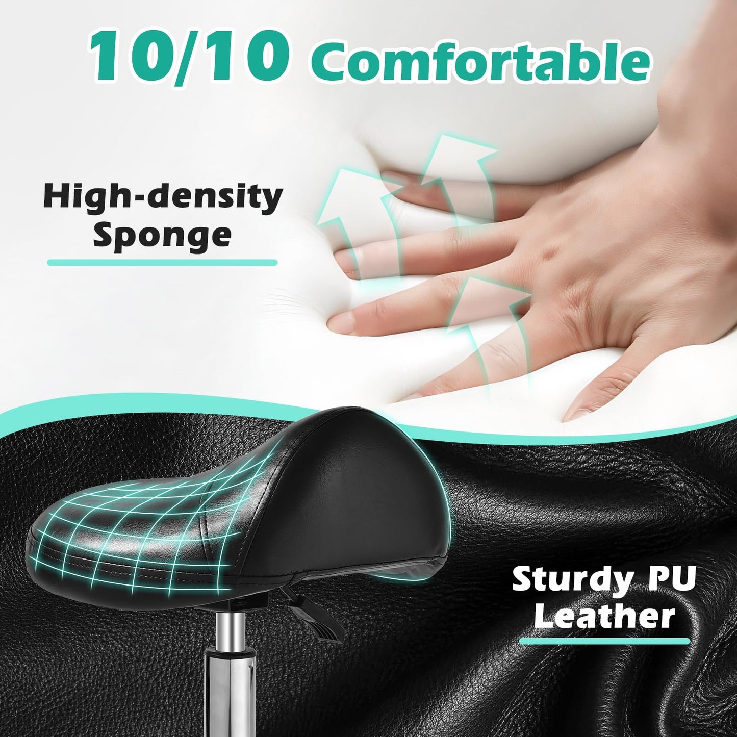 Taburete de Sillín Ergonómico con Ruedas, Cojín Grueso Mejorado, Corrección de Postura, Ajustable, Resistente 400 Libras, para Salón de Masaje y Hogar