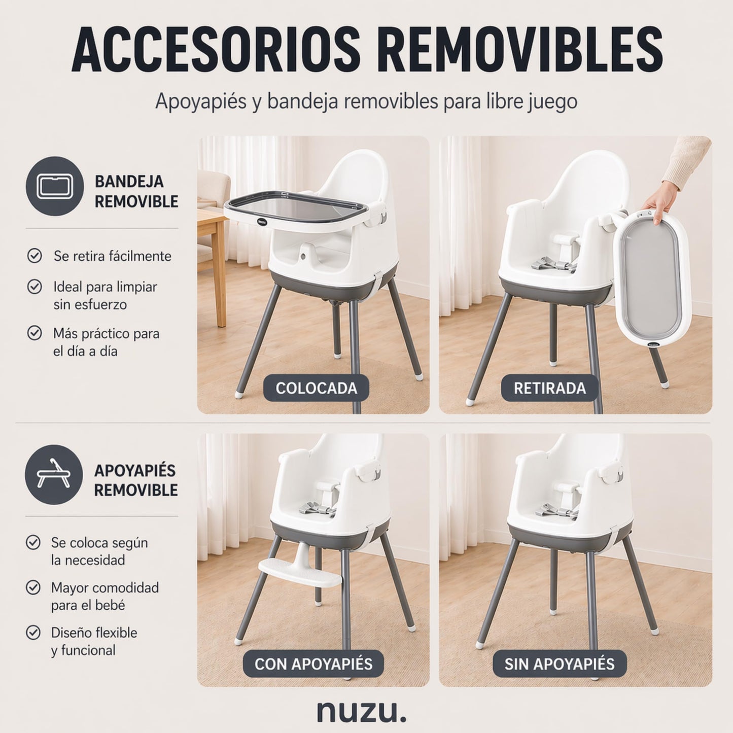 NUZU Periquera para Bebe 3 en 1 | Silla para Bebe Comer Multifuncional con Seguridad y Estilo | Versatilidad en Espacios Reducidos | Asiento Elevador Ajustable para Bebes 6 meses a 4 Años.(Gris)