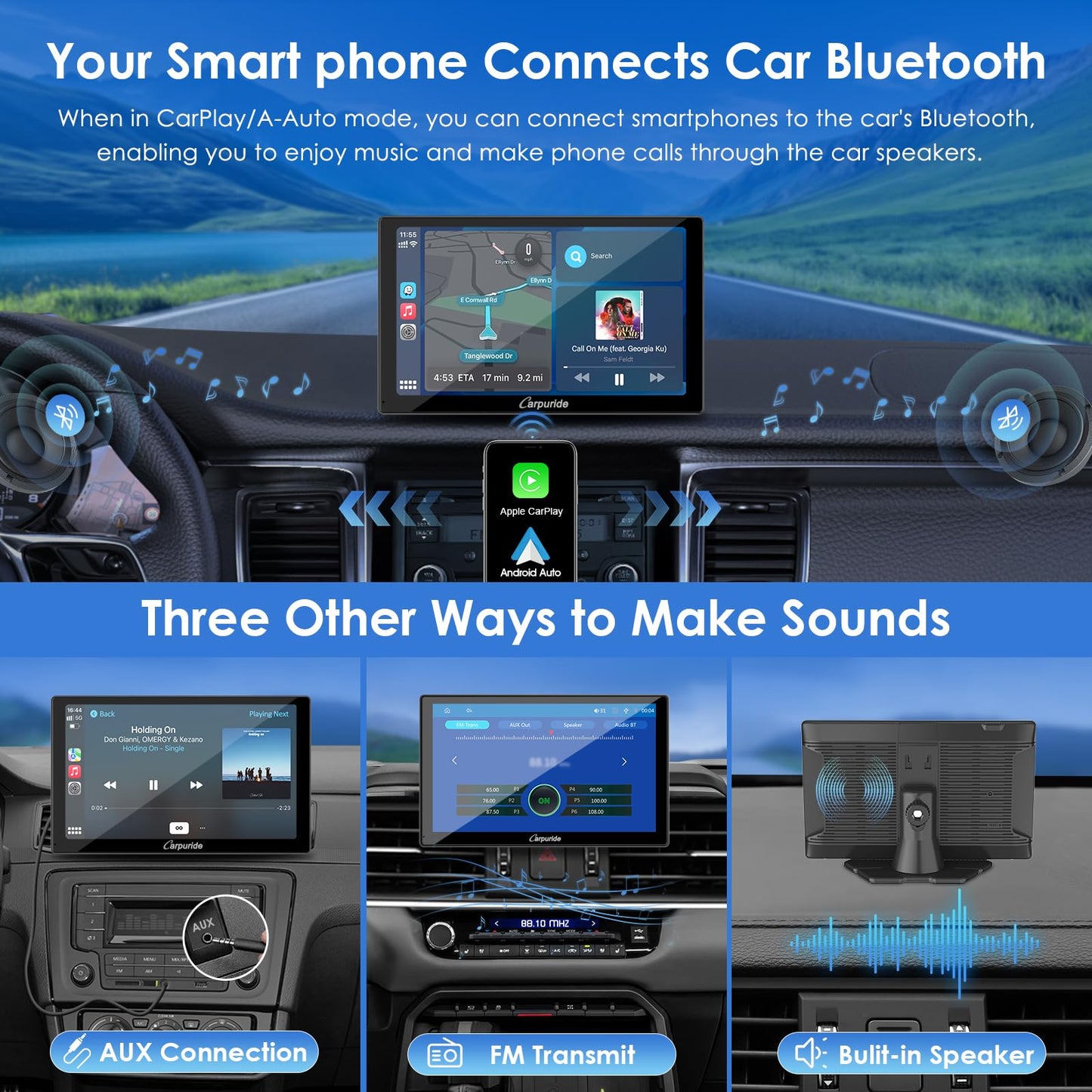 CARPURIDE 2025 - visualización de reproducción de coche de 9 pulgadas para coche, compatible con Apple CarPlay, Android Auto y Mirror Link - Audio Bluetooth, navegación, Siri, FM, AUX