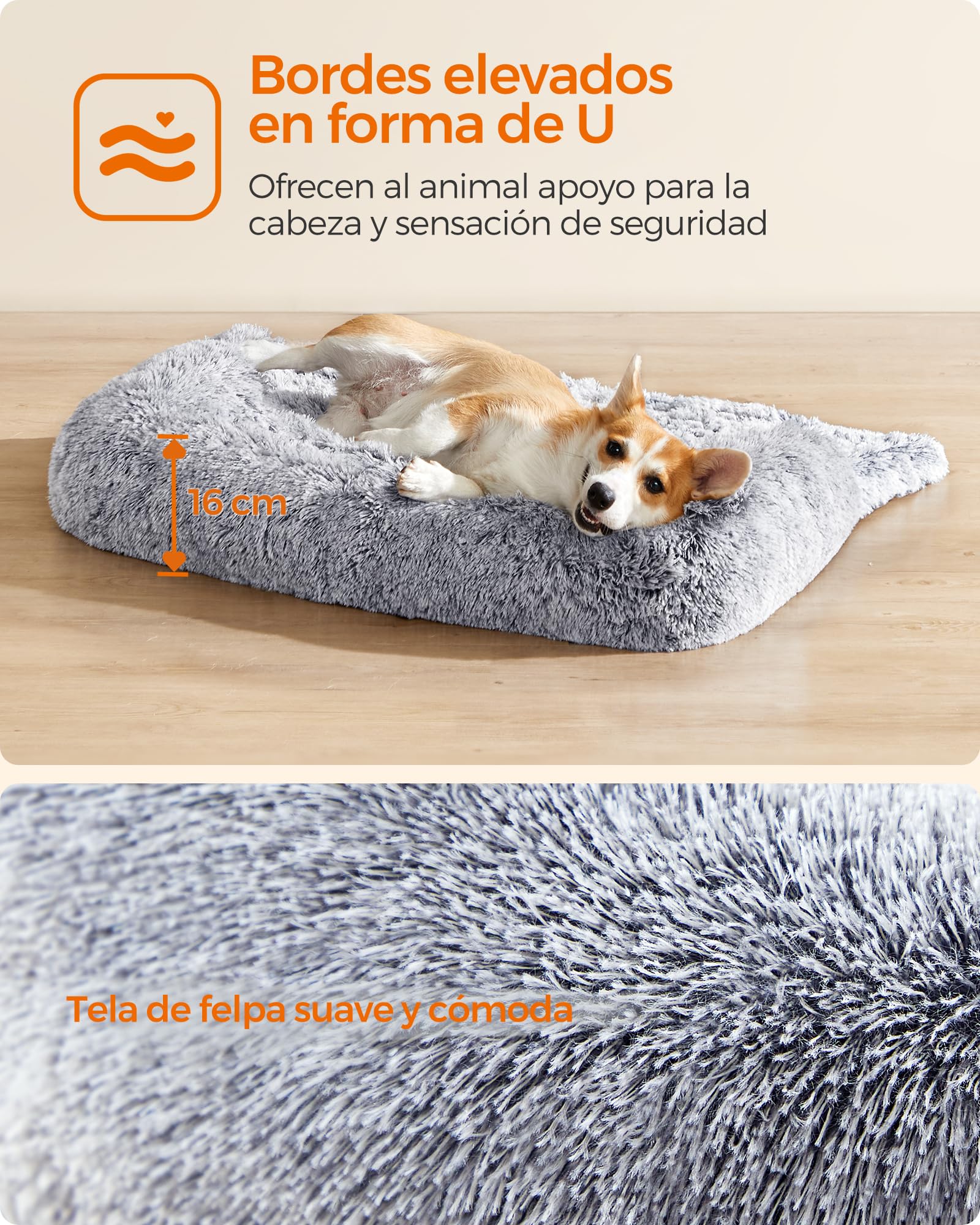 Feandrea Cama para Perros, Funda Protectora para Sofá, 95 x 85 x 16 cm, Tela de Felpa, L, para Perros Medianos,Gris Ombré MPGW222G01
