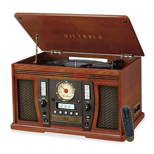 Centro de Entretenimiento Victrola Nostalgic Aviator Caoba con Plataforma Giratoria Bluetooth 7 en 1