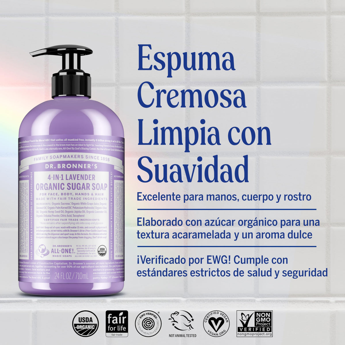 Dr. Bronner's | Jabón de azúcar orgánico líquido, fórmula hidratante y vegana para manos, cuerpo y rostro - Lavanda, 355 ml