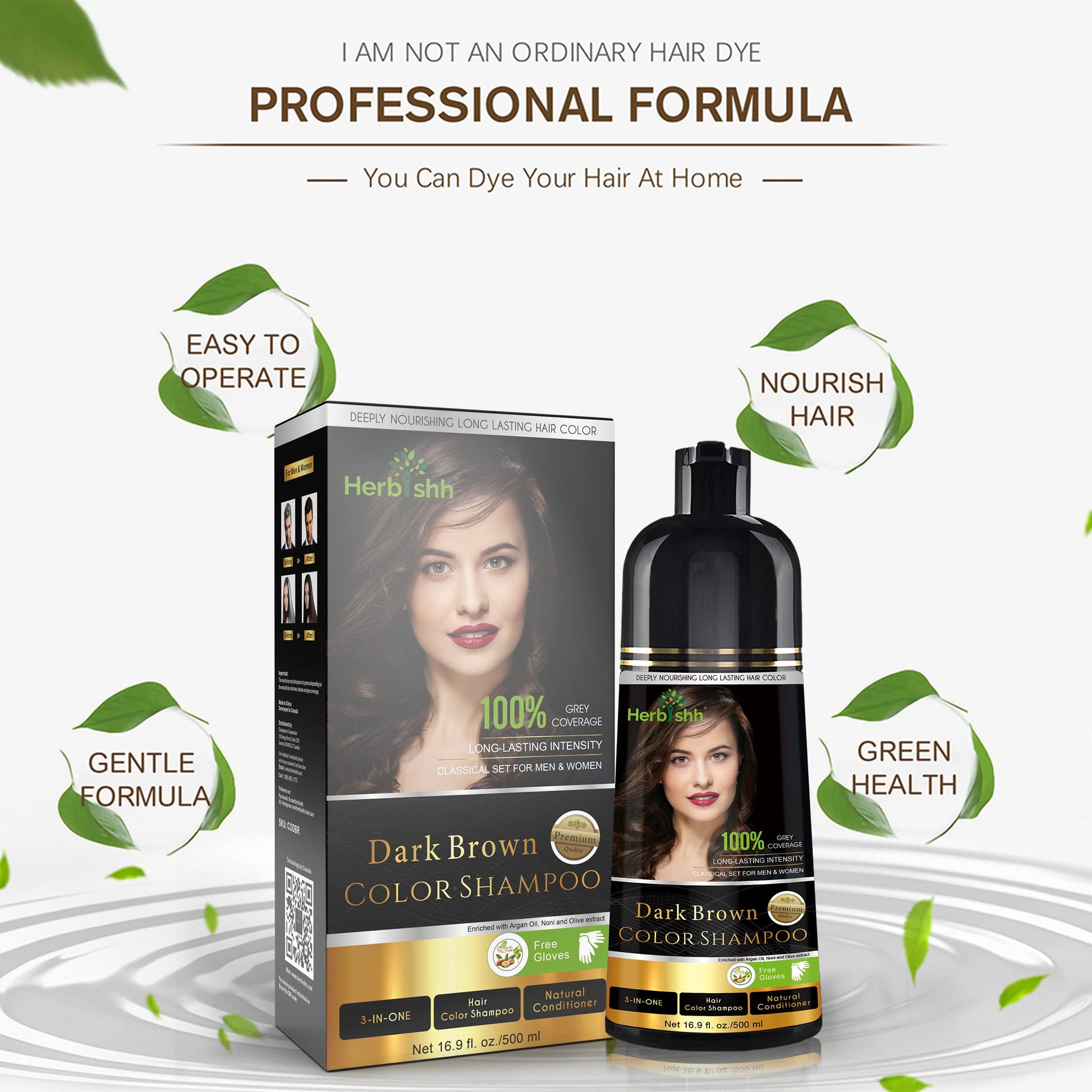 Herbishh - Champú colorante para cabello gris, champú con tinte natural para el cabello, colorea el cabello en minutos, dura hasta de 3 a 4 semanas, 500 ml, tinte de cabello 3 en 1, sin amoniaco | (marrón oscuro)