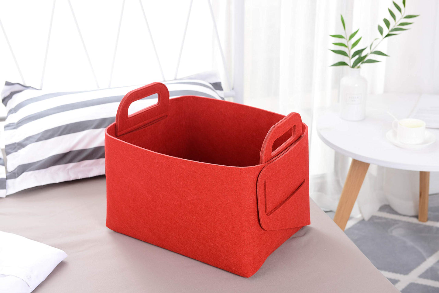 Minoisome - Cesta de almacenamiento de fieltro plegable y conveniente organizador de caja con asas de transporte para oficina, recámara, clóset, bebés, guardería, juguetes de lavandería (rojo, 18