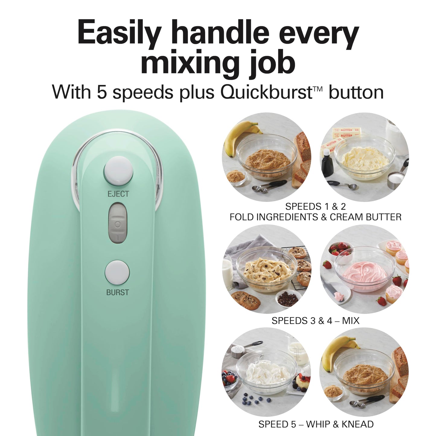Hamilton Beach - Mezclador de mano eléctrico de 5 velocidades de estilo clásico, potente motor de 1.3 A CC para mezclar sin esfuerzo y velocidad constante en ingredientes gruesos, arranque lento,