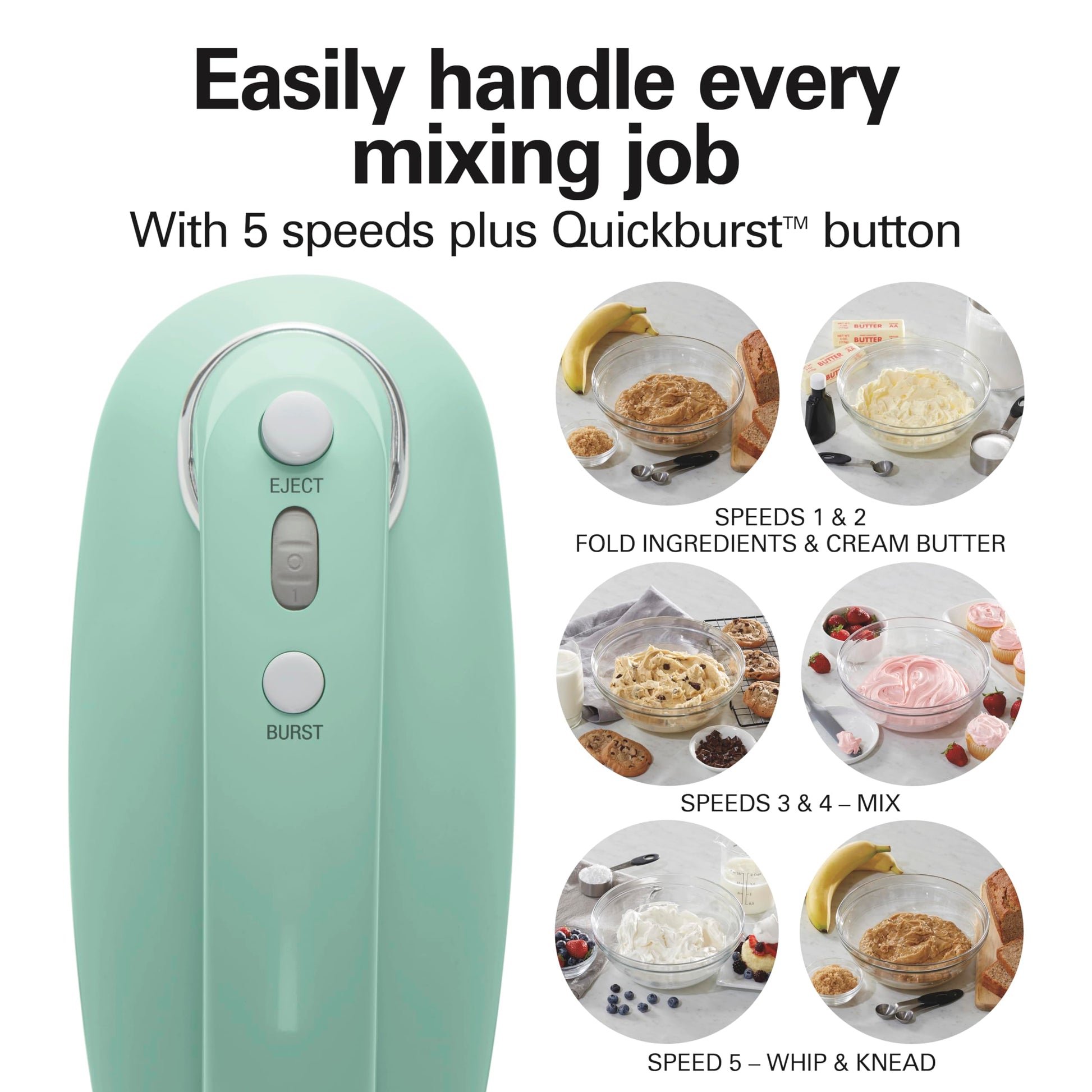 Hamilton Beach - Mezclador de mano eléctrico de 5 velocidades de estilo clásico, potente motor de 1.3 A CC para mezclar sin esfuerzo y velocidad constante en ingredientes gruesos, arranque lento,