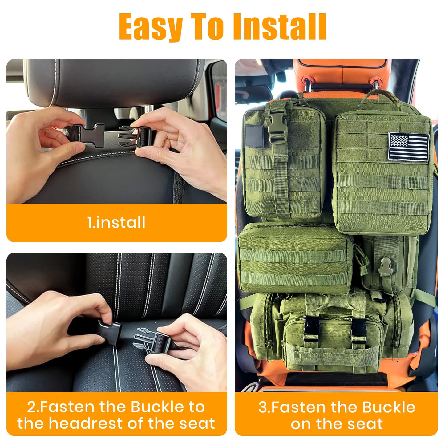 Paquete de 6 organizadores tácticos MOLLE para respaldo de asiento de automóvil - Bolsa de almacenamiento universal para vehículos con 5 bolsas MOLLE desmontables, parche de bandera de EE.UU. y