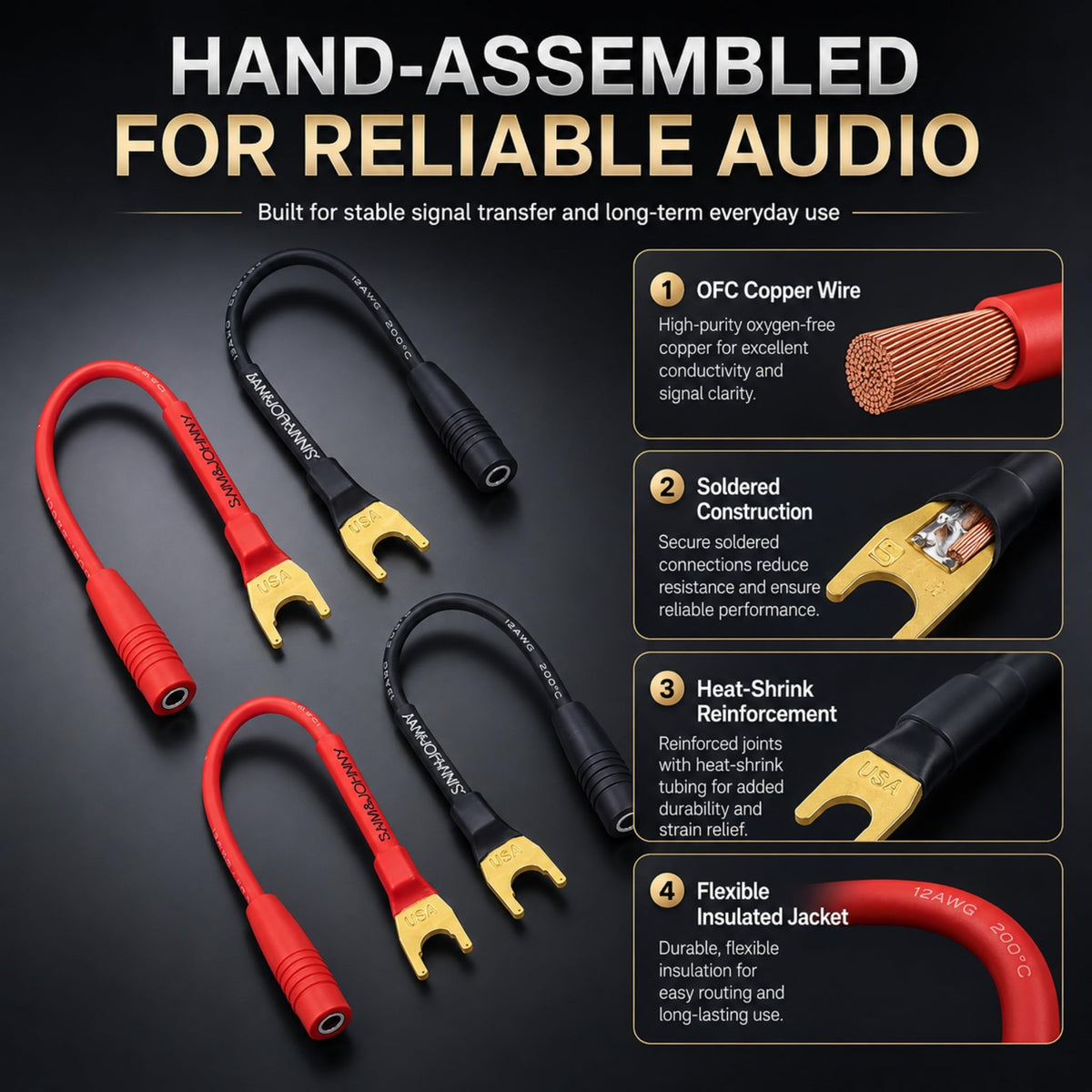 Conectores de Pala Sam&Johnny Dorados a Cable de Altavoz 4 mm con Construcción Soldada Paquete de 4 Unidades