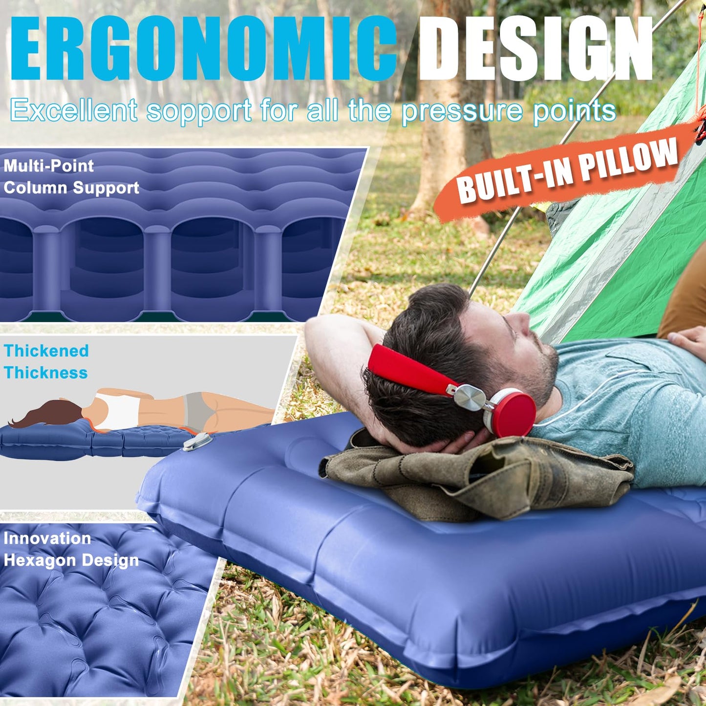 GDREAMT - Almohadilla de dormir inflable para acampar con almohada, grosor extra de 4 pulgadas con bomba integrada, colchón de aire compacto y ultraligero para mochileros, senderismo, tienda de