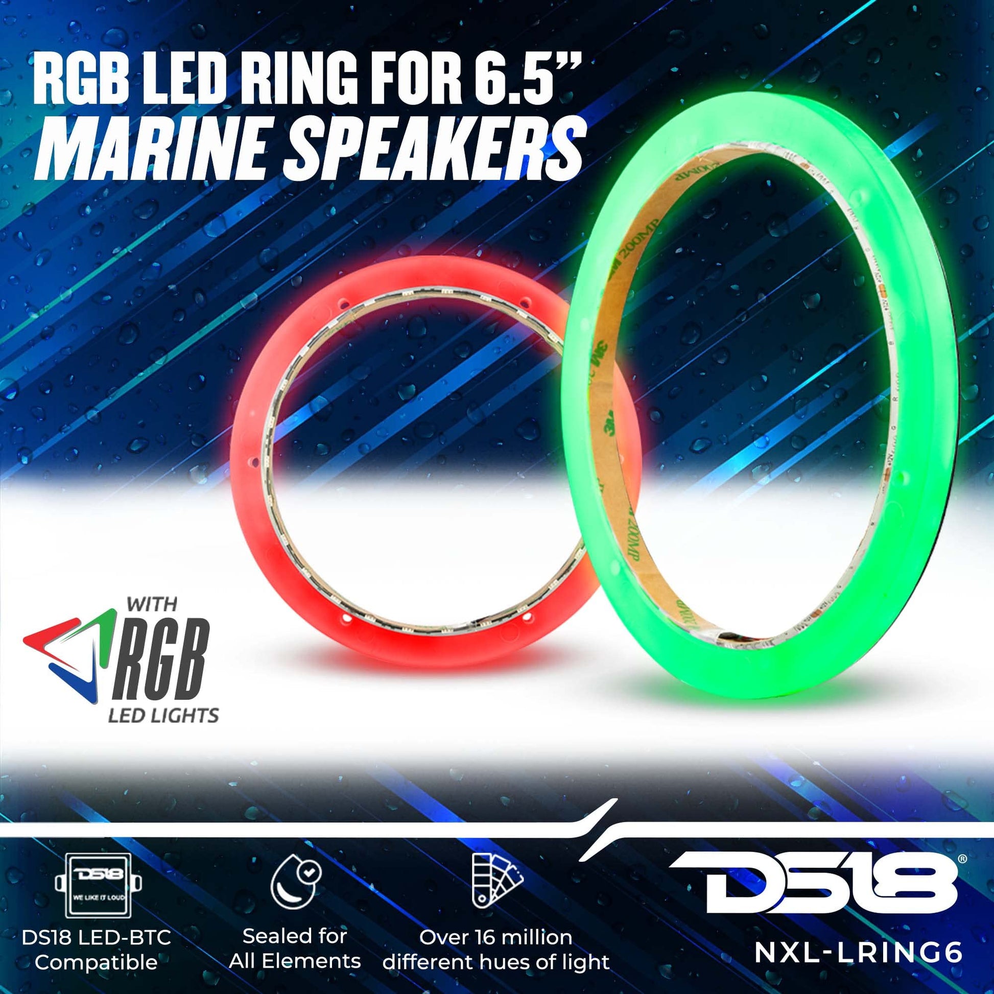 DS18 NXL-LRING6 - Anillo de montaje LED RGB para altavoces de 6.5 pulgadas, impermeable, funciona con módulo RGB (LED-BTC) o cable a un color sin módulo, ideal para audio de coche, audio marino, audio