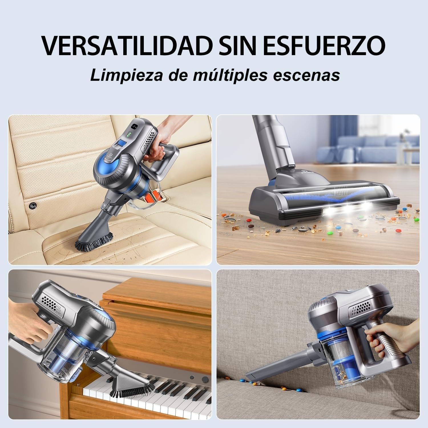 Greenote aspiradora inalambrica, 22000 Pa aspiradora de Mano 4 en 1, 200 W aspiradoras potentes con LED, Vacuum Cleaner de función de autoportante, Cepillo para Suelos Duros/pelos de Mascotas