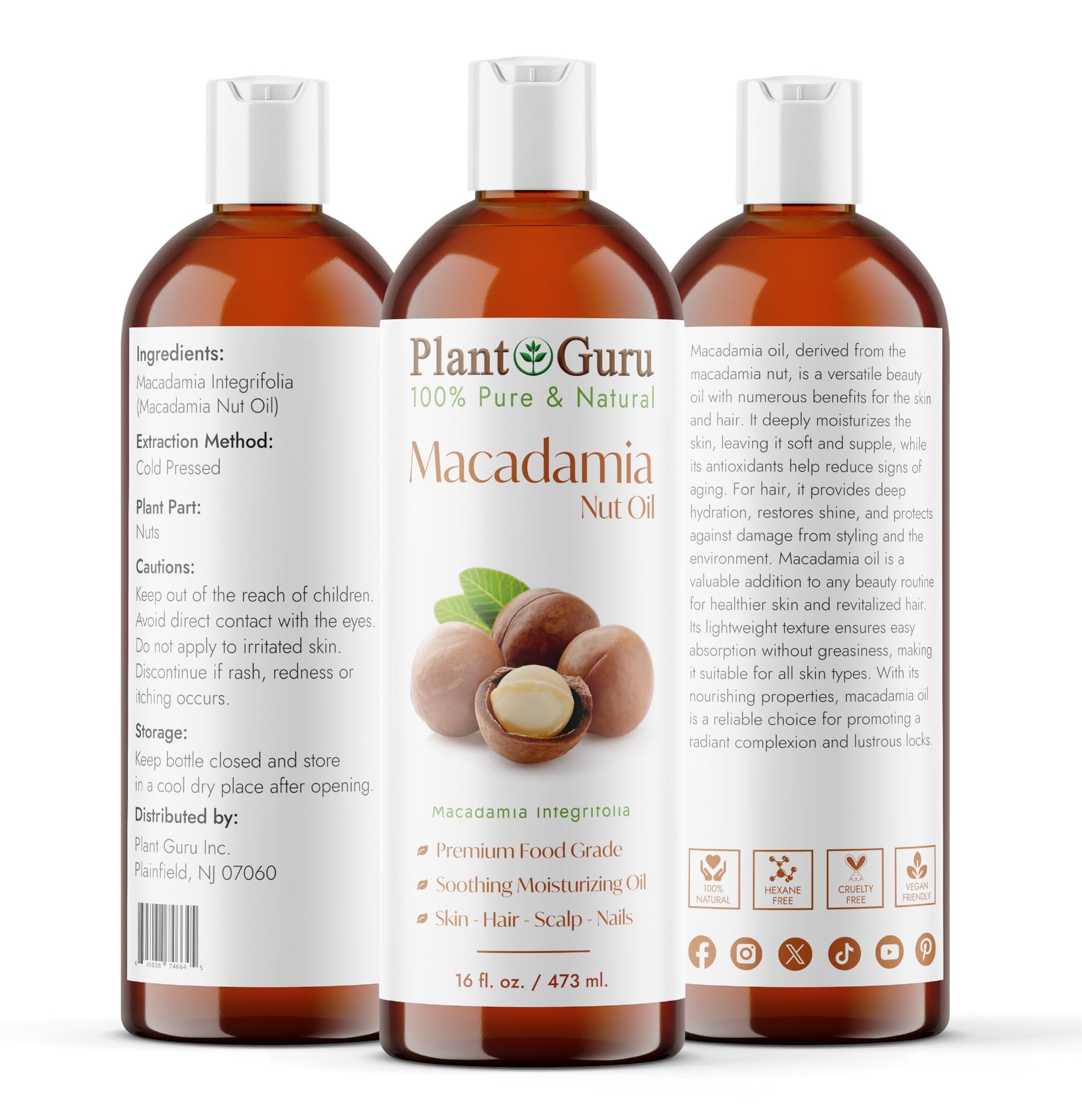 Macadamia Nut Oil 16 oz. Virgin, Unrefined Cold Pressed 100% Pure Natural - Skin, Body And Face. Great for Psoriasis & More!