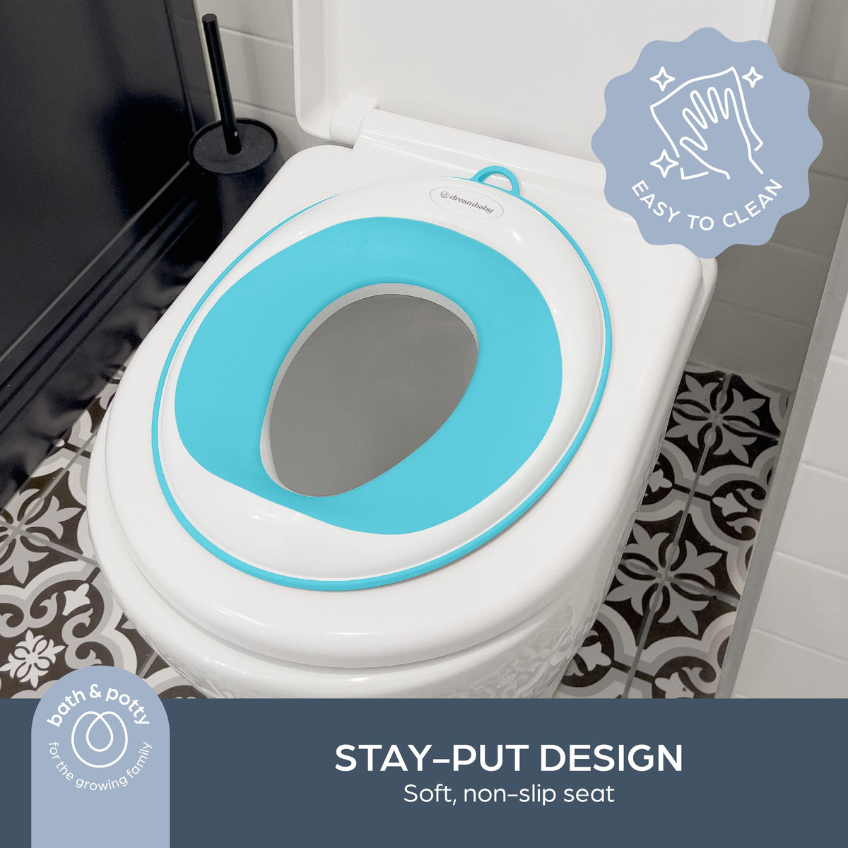 Dreambaby Asiento Entrenador para Baño Infantil, Adaptador de Inodoro Antideslizante y Suave, Portátil, Tamaño Estándar, Blanco con Aqua