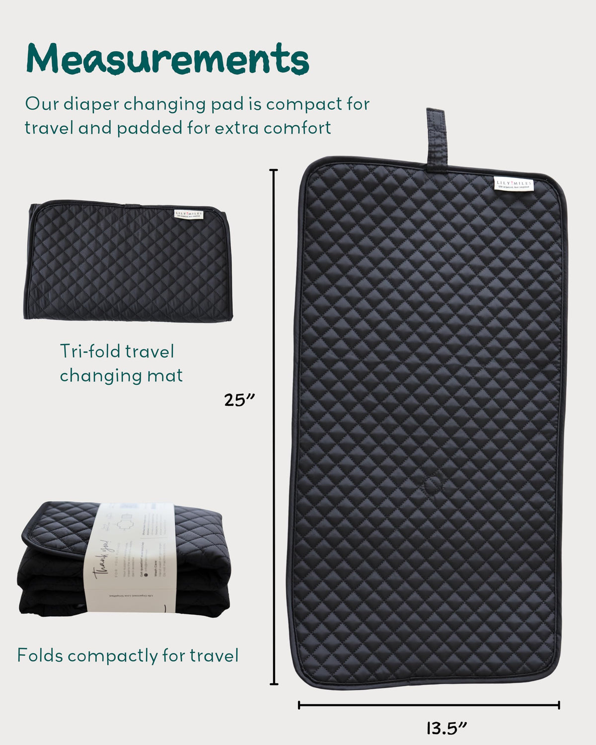 Lily Miles - Cambiador de pañales portátil, cambiador de pañales para bebé con cierres magnéticos, almohadilla de viaje para bolsa de pañales, esencial para bebé, tapete lavable e impermeable, sarga