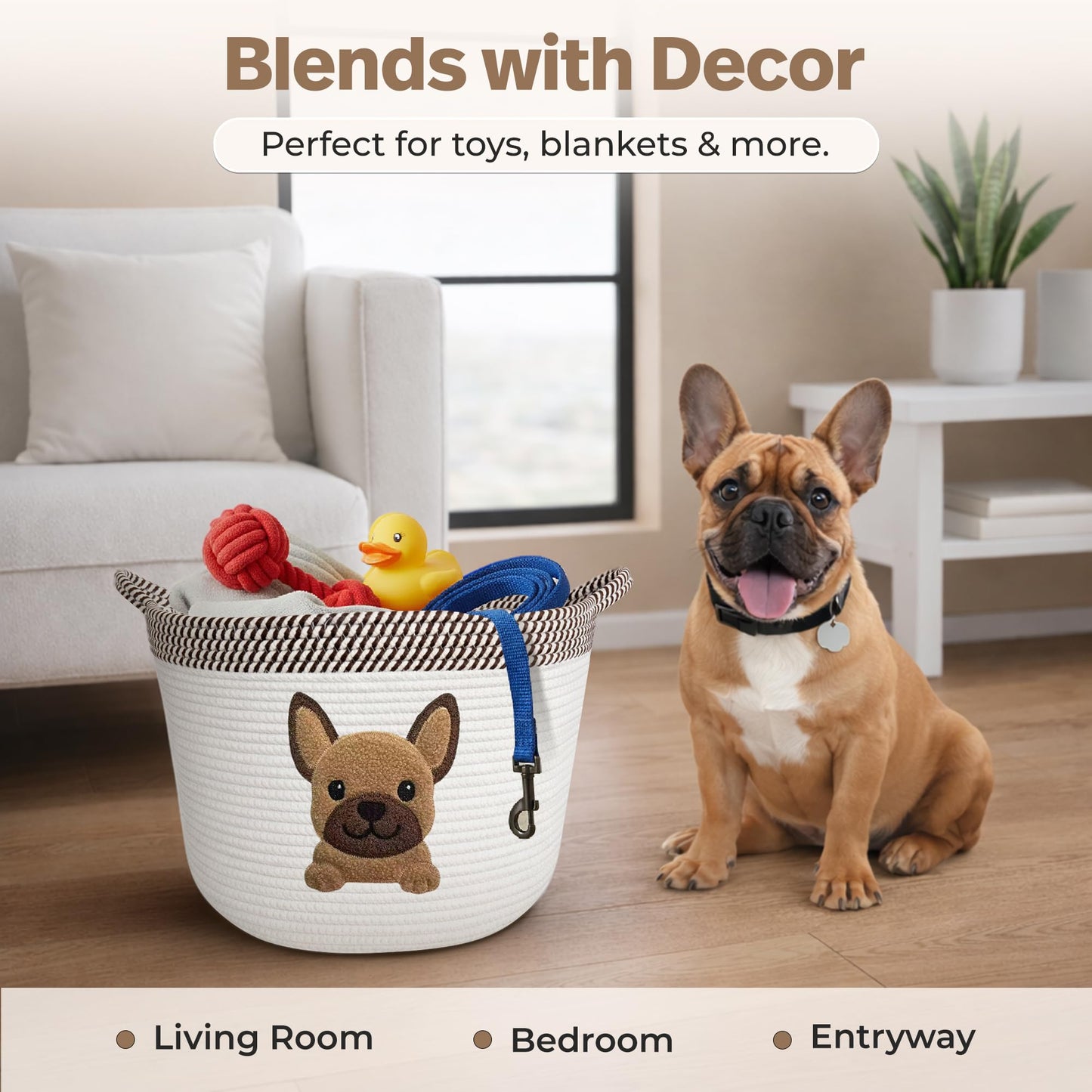Cesta de juguetes para perros French Bulldog, Pug y Boston Terrier, cesta de almacenamiento tejida de cuerda de algodón de 15x11 pulgadas con parche de cachorro, organizador grande para mascotas para