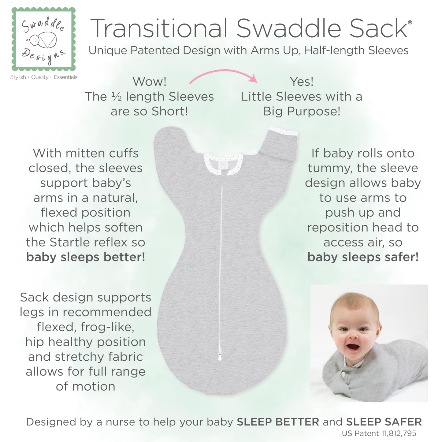 SwaddleDesigns - Saco Envolvente de transición con Brazos hasta Medias Mangas y puños de manopla, Mediano, 3-6 Meses, 14-20 Libras, Tortuga Verde Jaspeado (Manta de Brazos Arriba, Saco de Dormir de