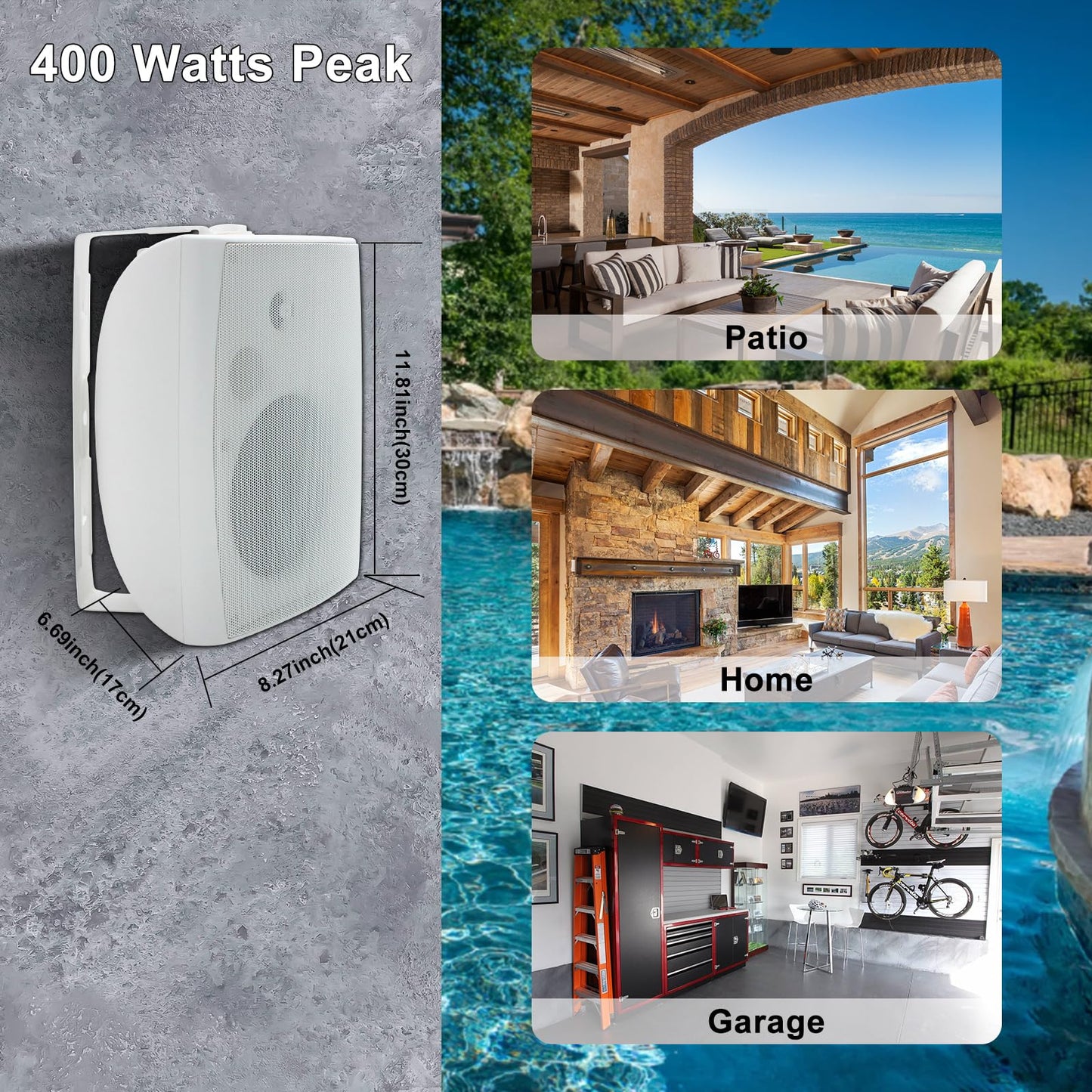 Herdio 6,5 Pulgadas Bluetooth Bocinas para Exterior, 400W Altavoces para Exteriores, Impermeable, Amplia Cobertura De Sonido Estéreo, para Patio, Terraza, Patio Trasero (Blanco)