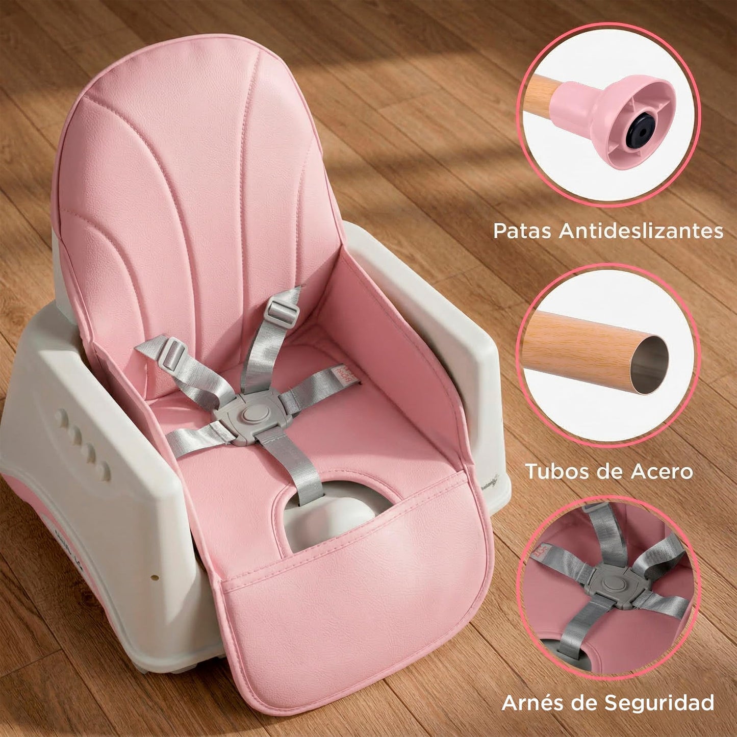 BEBBLY Silla Alta para Bebé con Patas de Madera Antiderrapante Asiento Ergonómico con Charola y Arnés de Seguridad Ideal para Comer o Jugar Niños y Niñas desde 6 Meses Moderna y Fácil de Limpiar