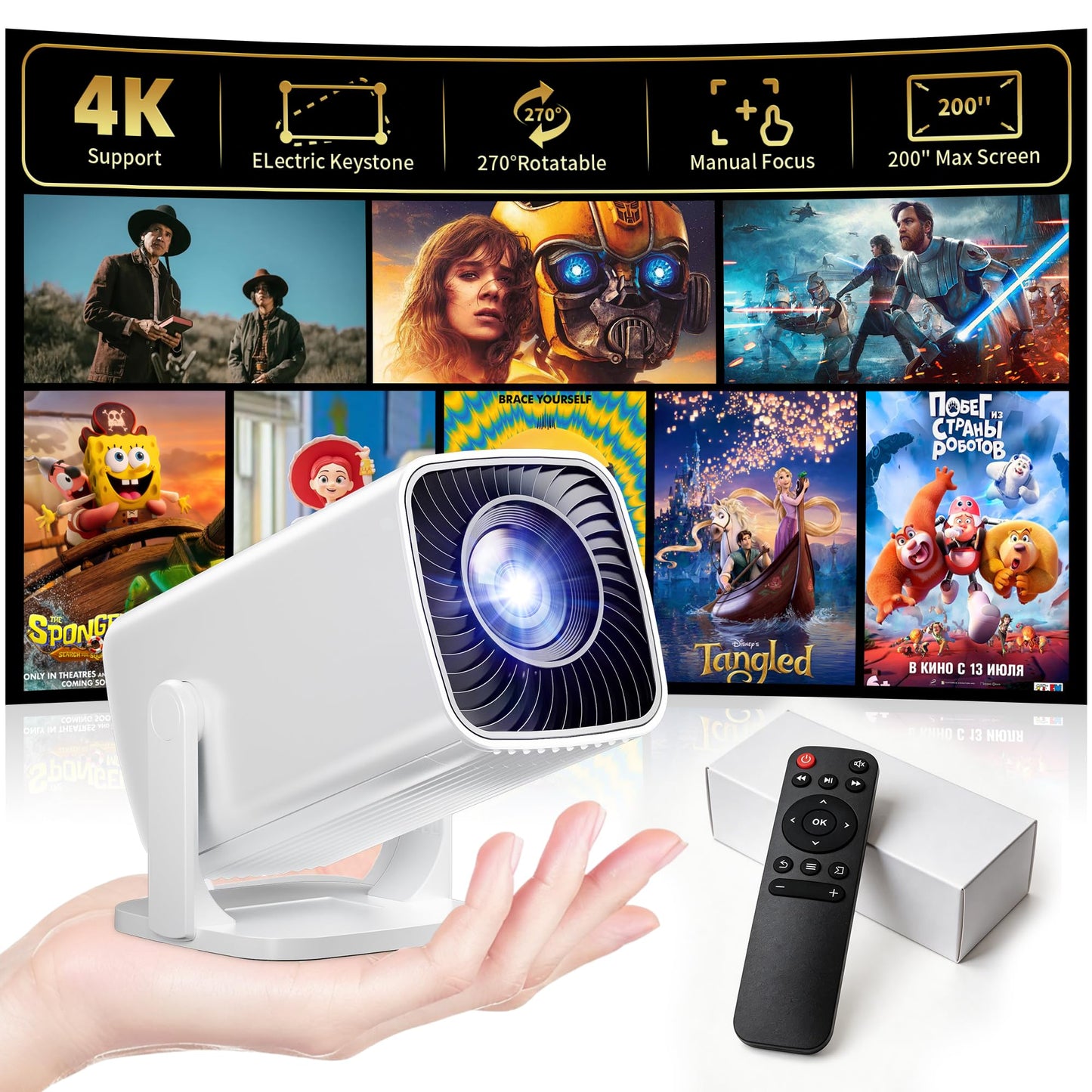 Sainyer Mini Proyector Portátil 4K y Full HD 1080P, Proyector de Rotación de 270°, Compatible con Smartphone, TV Stick, PS4, HDMI, USB (Sin WiFi o Bluetooth), Color Marfil