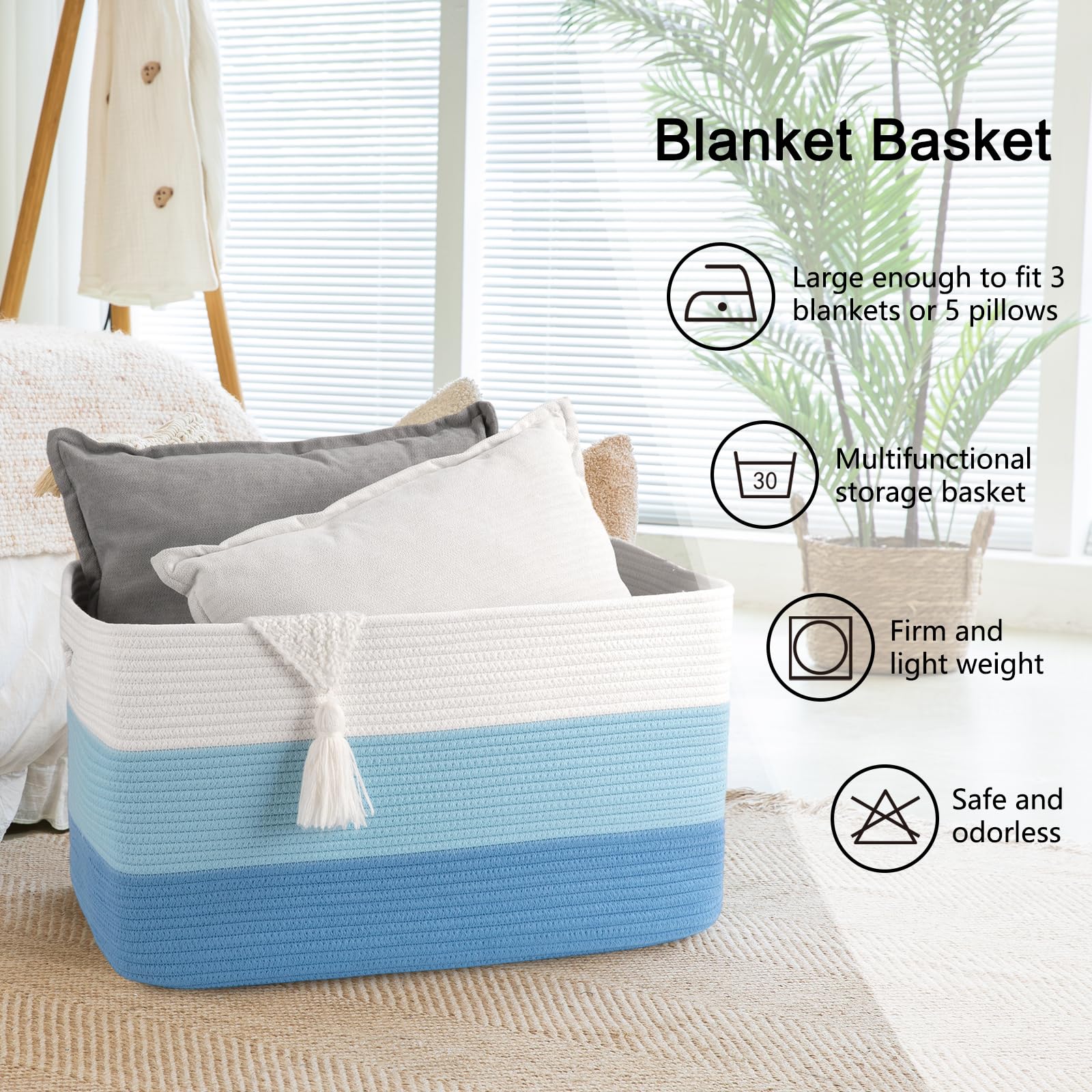 OIAHOMY - Cesta de manta grande, 22 x 17 x 12 pulgadas, cestas tejidas rectangulares para guardería, sala de estar, almacenamiento de juguetes con asa, cestas grandes para organizar, color azul claro