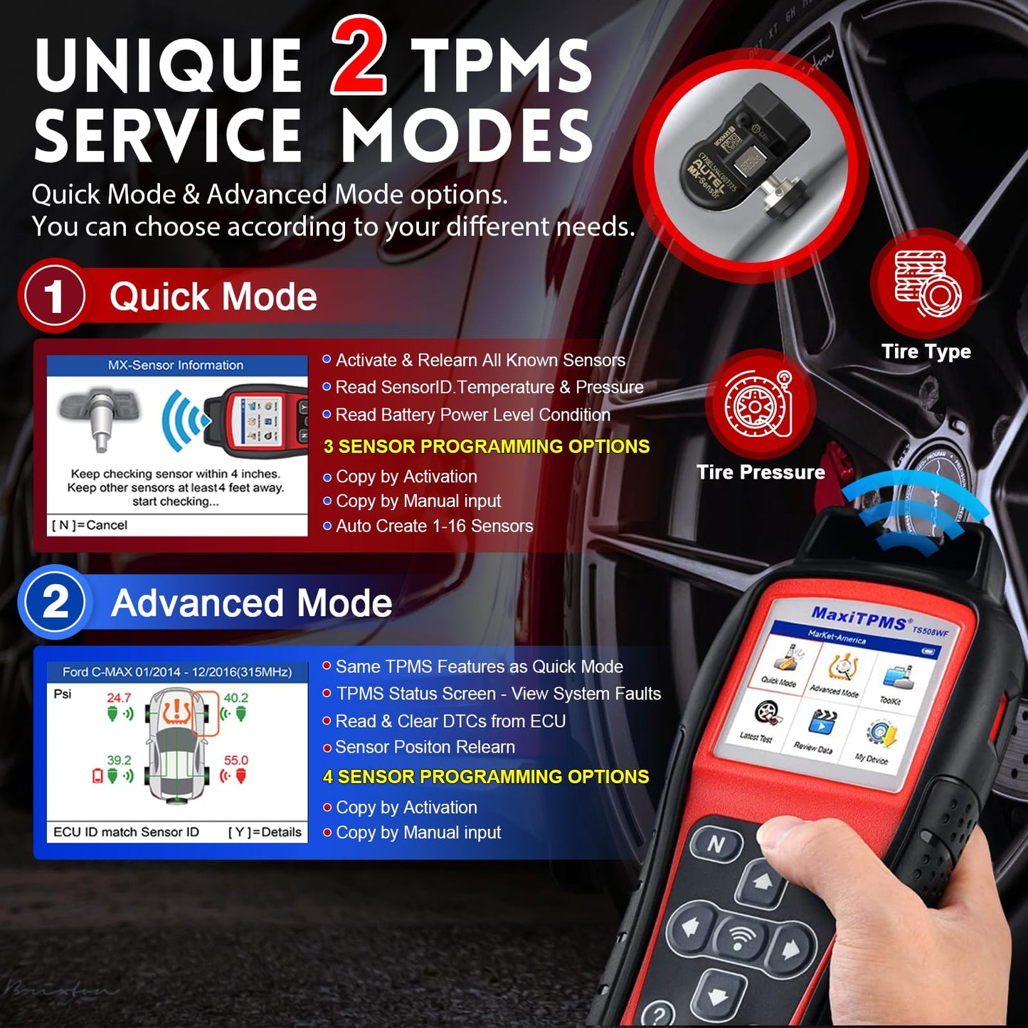 Autel MaxiTPMS TS508WF Herramienta de reinicio (original 2025 nueva) actualizada de TS508, TS601, programa MX-Sensores (315/433 MHz), activar/reiniciar todos los sensores, TPMS restablecer,