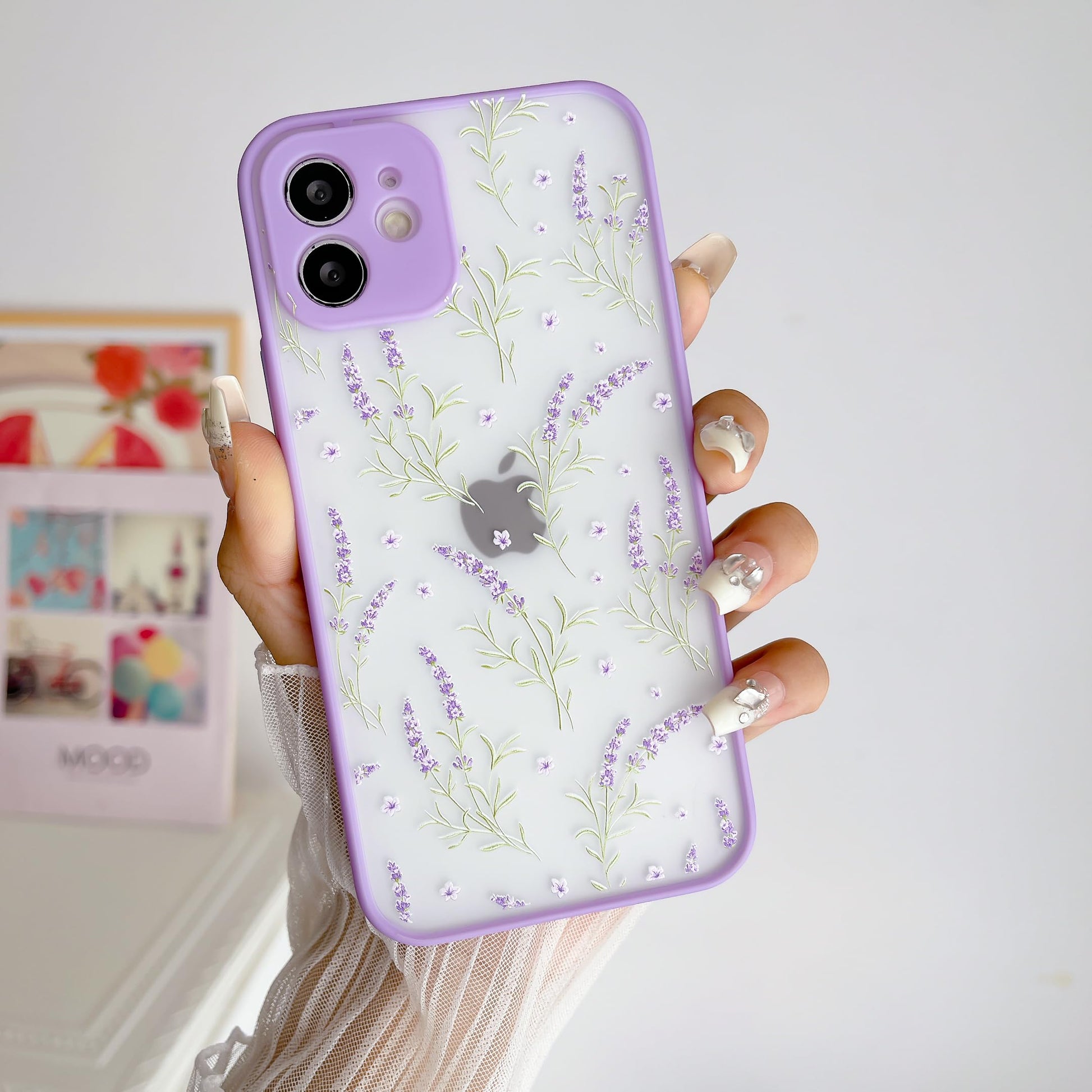 HaroKing Funda para iPhone 12, Protectora de cámara, Carcasa Transparente Esmerilado Espalda PC 3D Floral (Morado)