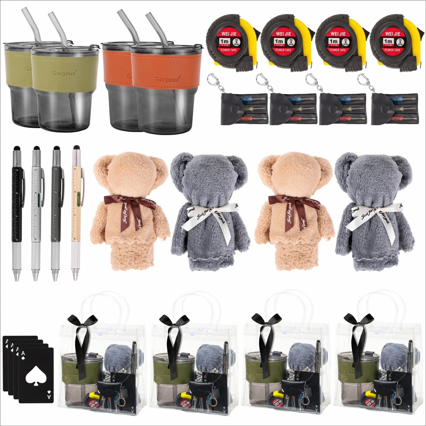 Buecobby - Juego de 4 premios para baby shower para hombres, con taza de vidrio, paño de limpieza, abridor de botellas, mini destornillador, juego de llaveros, bolígrafo multiherramienta, premios