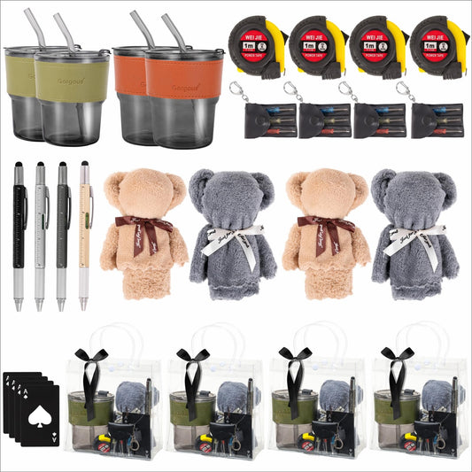 Buecobby - Juego de 4 premios para baby shower para hombres, con taza de vidrio, paño de limpieza, abridor de botellas, mini destornillador, juego de llaveros, bolígrafo multiherramienta, premios