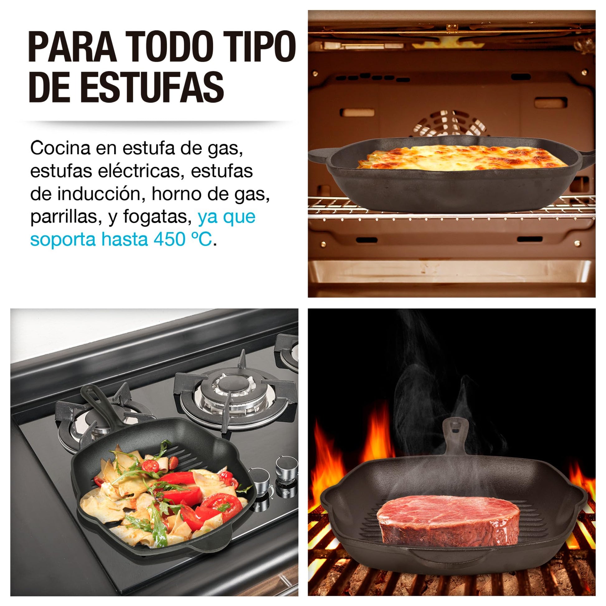 CASA LITUS Sartén de Hierro Fundido Precurado tipo Parrilla Extra Grande (2 Litros), Plancha para Asar con Superficie Acanalada, Mango y Vertederos Laterales, para Estufa de Gas, Horno o Fuego Directo