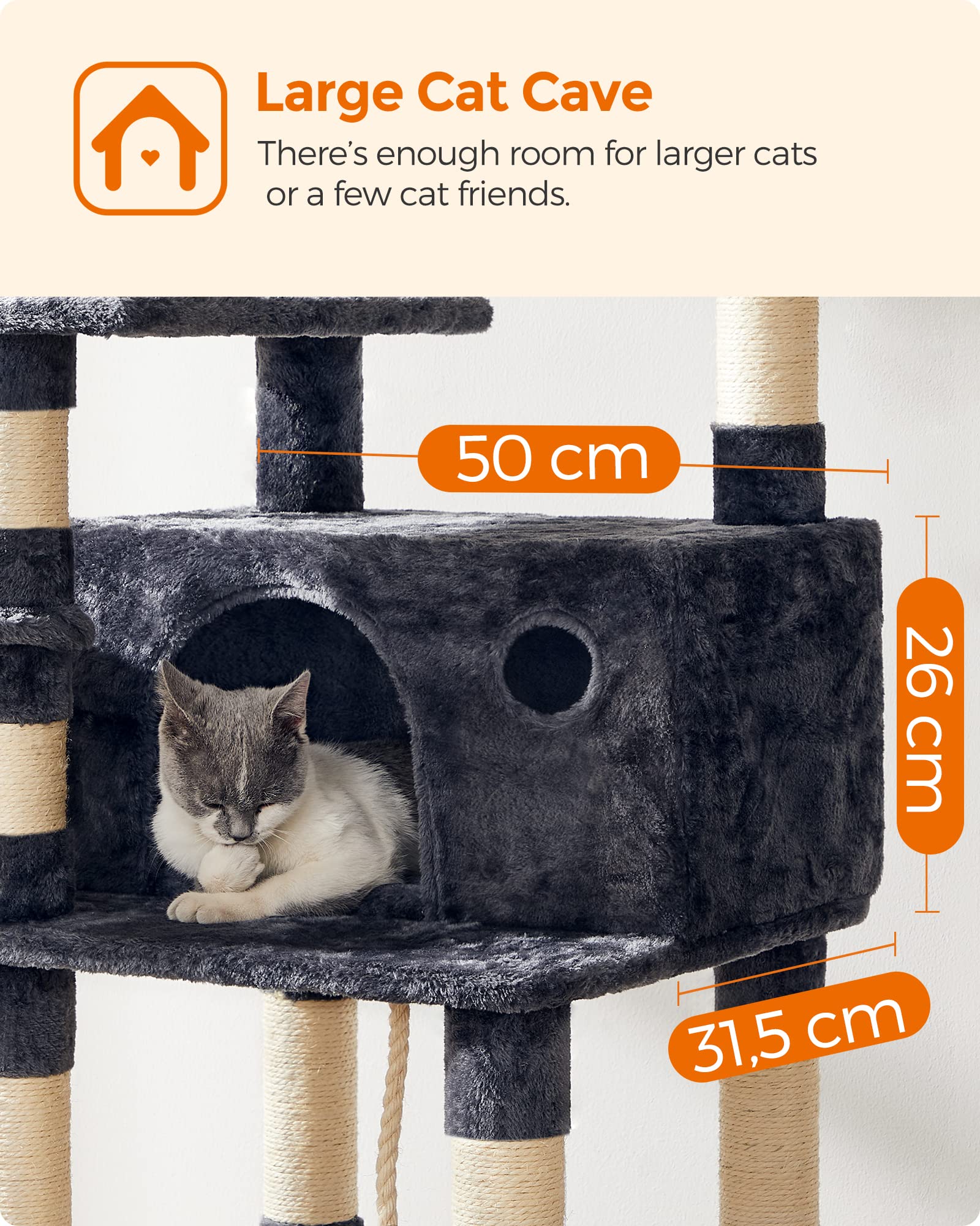 Feandrea Árbol para Gatos, Torre Grande para Gatos, 164 cm, con Hamaca, Condominio para Gatos, Gris Ahumado MPCT087G01