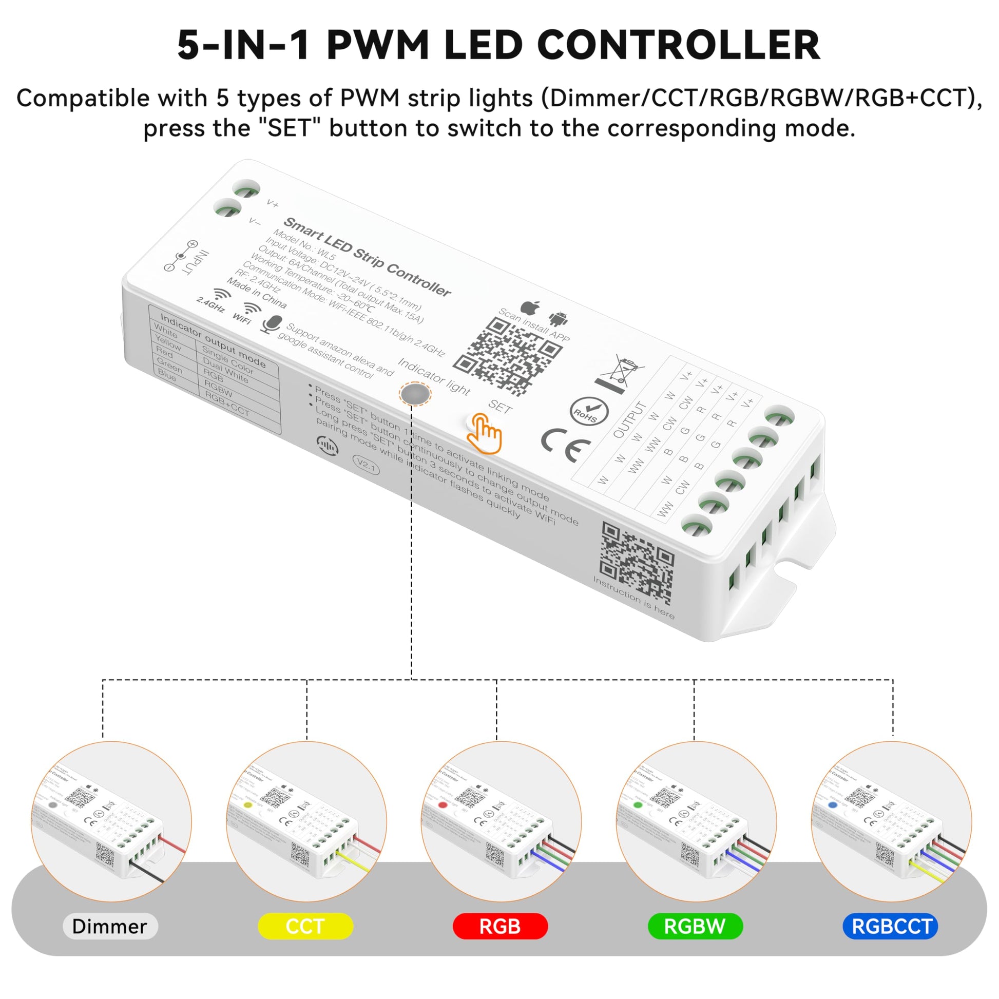 PAUTIX - driver LED WiFi 5 en 1 regulable para tira de luces LED monocromáticas CCT RGB RGBW RGBCCT compatible con Tuya APP/Smart Life/Alexa/Google Home/Siri, driver de luces DC12-24V (sin batería)
