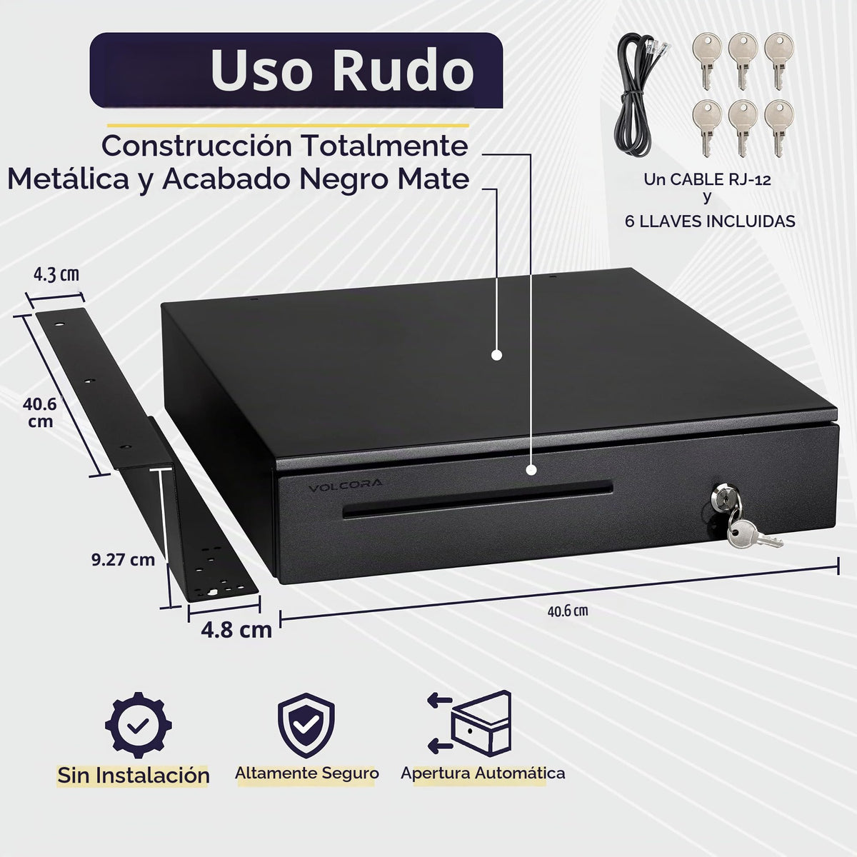 Cajón Registradora Volcora Negro con Soporte de Montaje Debajo del Mostrador, 40.6 cm para POS, 5 Billetes y 6 Monedas