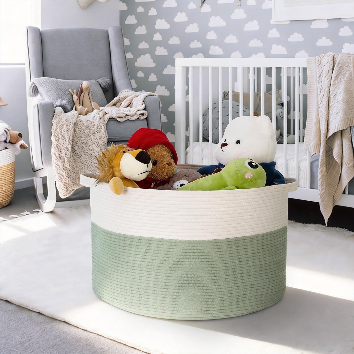 MEGASKET Cesta extragrande para cobijas, 56 x 56 x 36 cm, contenedor de almacenamiento de juguetes para niños y mascotas, organizador de juguetes para bebés y niños pequeños, cesta tejida de cuerda de